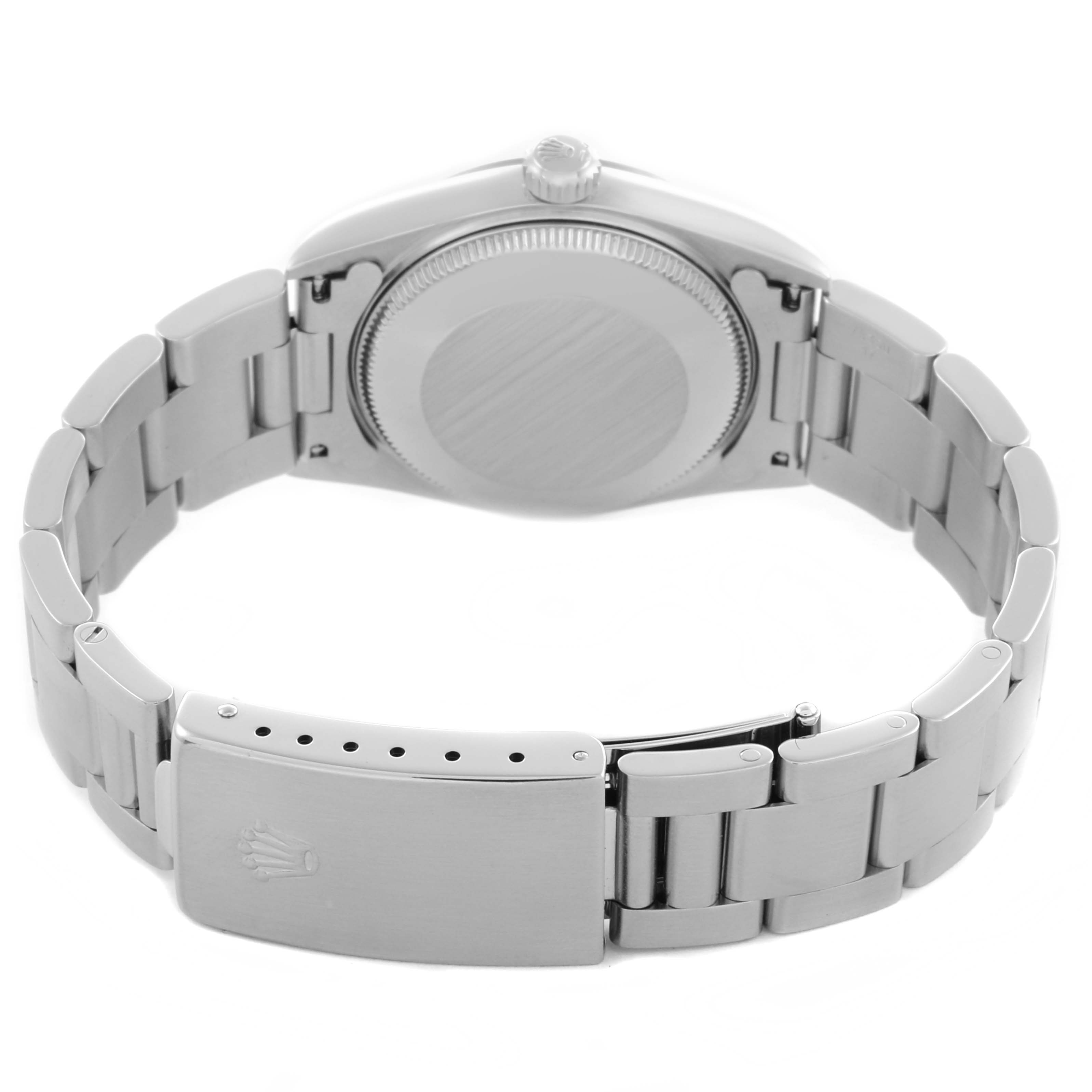 The image shows the back and bracelet of a Rolex Mid-Size 77080 Women's Stainless Steel Black Dial 77080 Women's Stainless Steel Black Dial model, highlighting the case back, crown, and clasp.