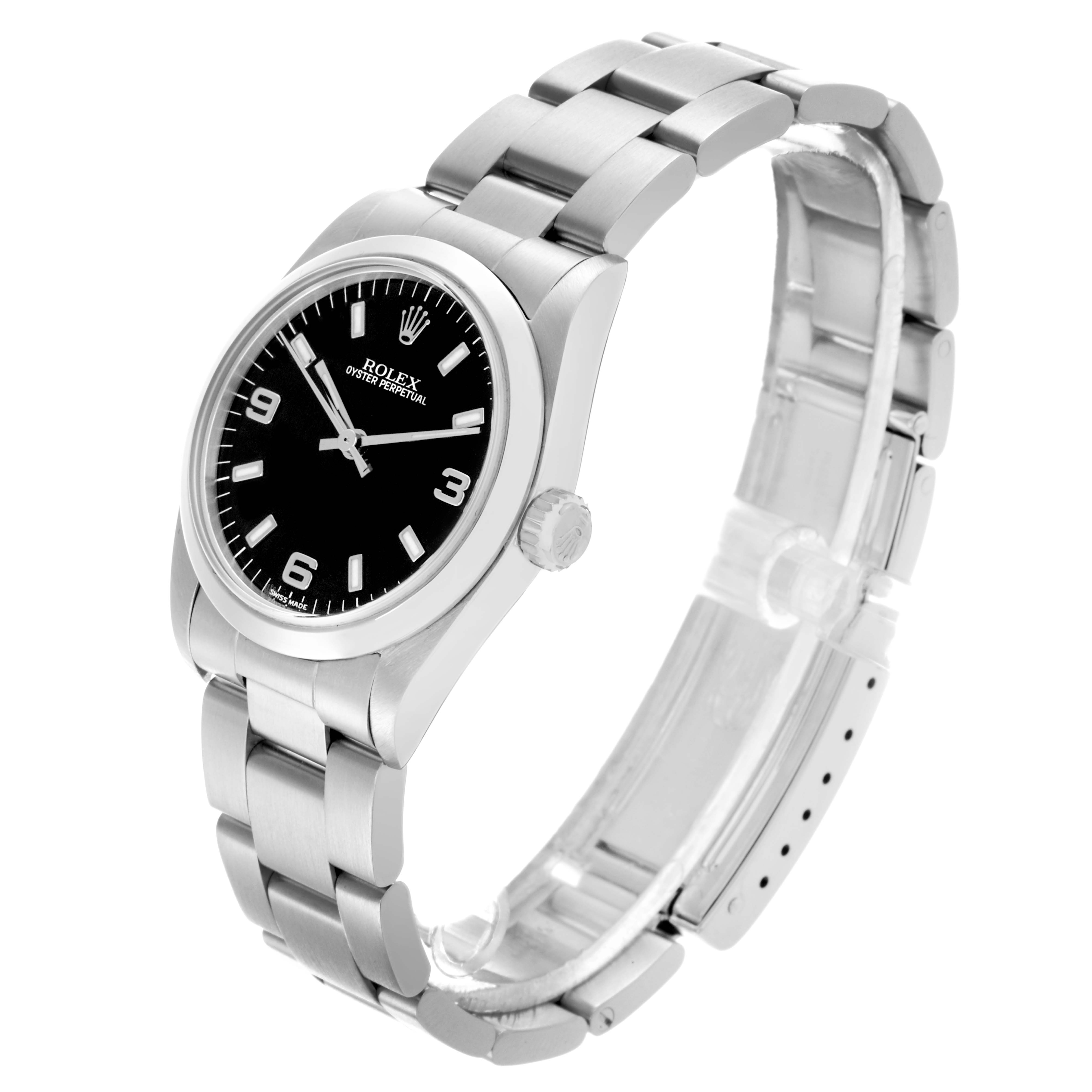 The Rolex Mid-Size 77080 Women's Stainless Steel Black Dial 77080 Women's Stainless Steel Black Dial model is shown at an angled side view, displaying the case, bracelet, crown, and black dial.