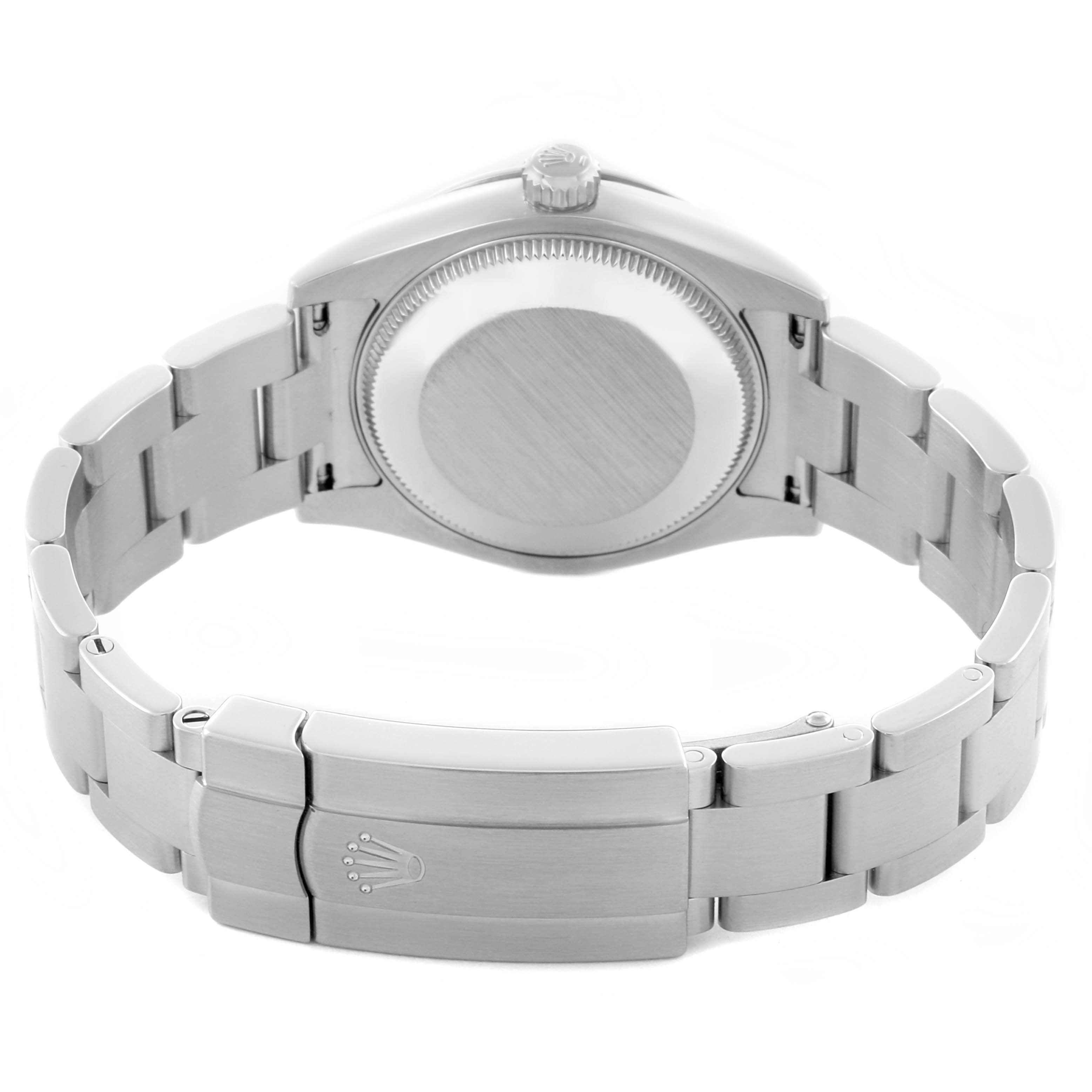 The Rolex Mid-Size 177200 Women's Stainless Steel White Dial 177200 Women's Stainless Steel White Dial model is shown from the back, highlighting the case back, bracelet, and clasp.