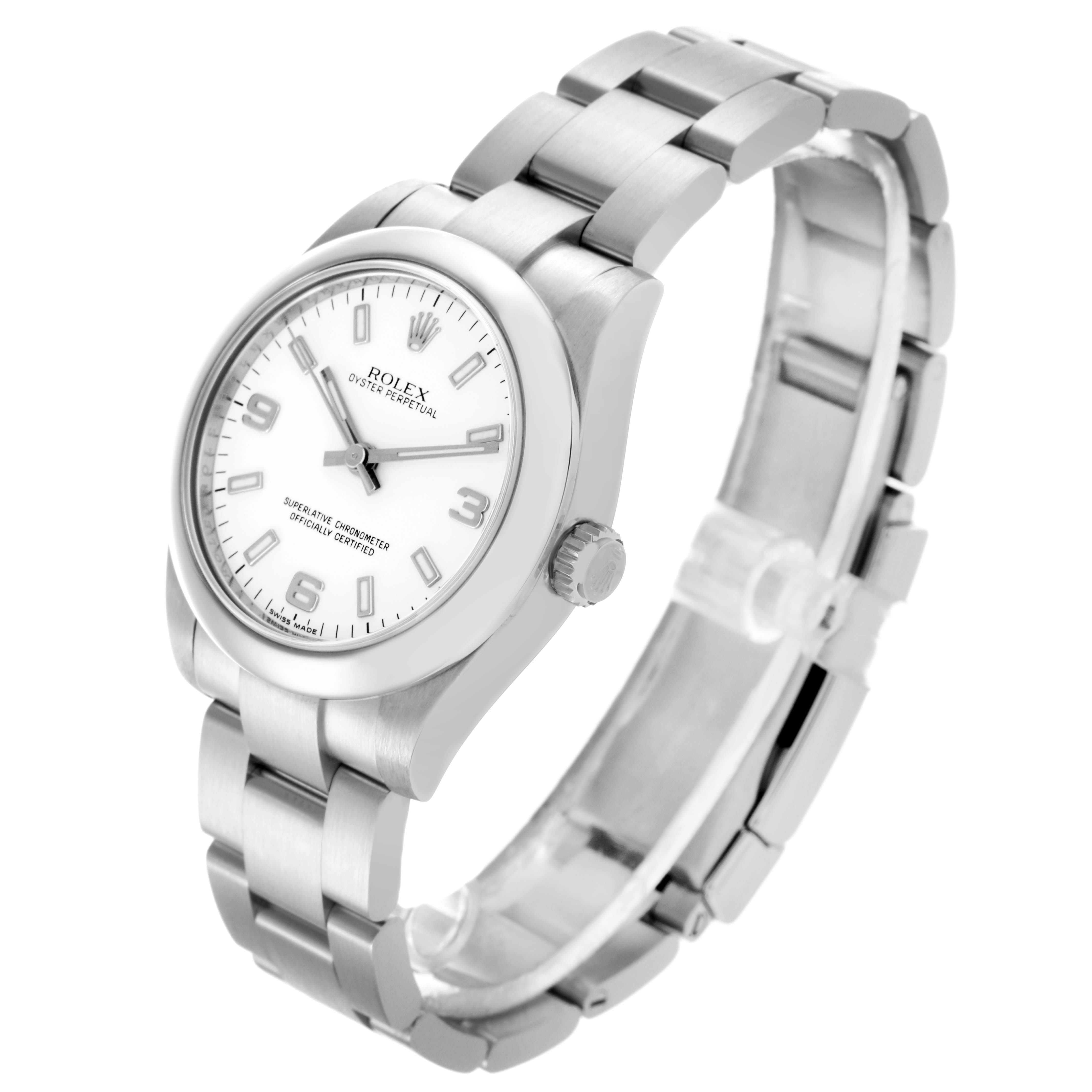 The Rolex Mid-Size 177200 Women's Stainless Steel White Dial 177200 Women's Stainless Steel White Dial watch is shown at an angled view highlighting the face, case, crown, and bracelet.