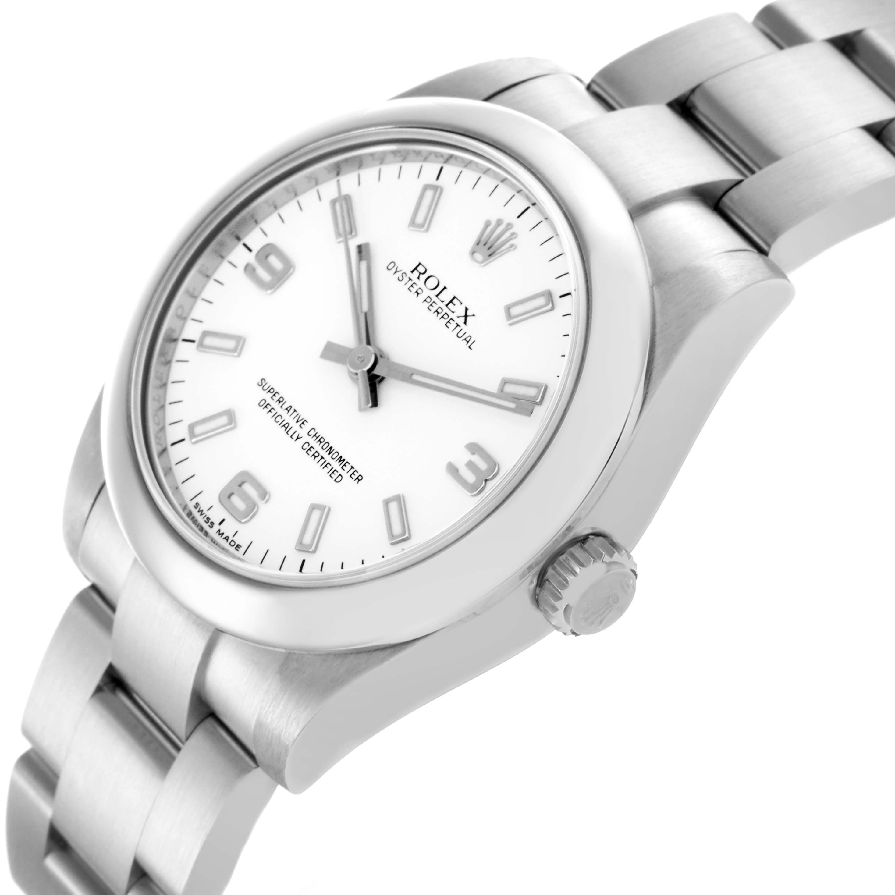The Rolex Mid-Size 177200 Women's Stainless Steel White Dial 177200 Women's Stainless Steel White Dial watch is shown at an angle highlighting the face, crown, and bracelet.