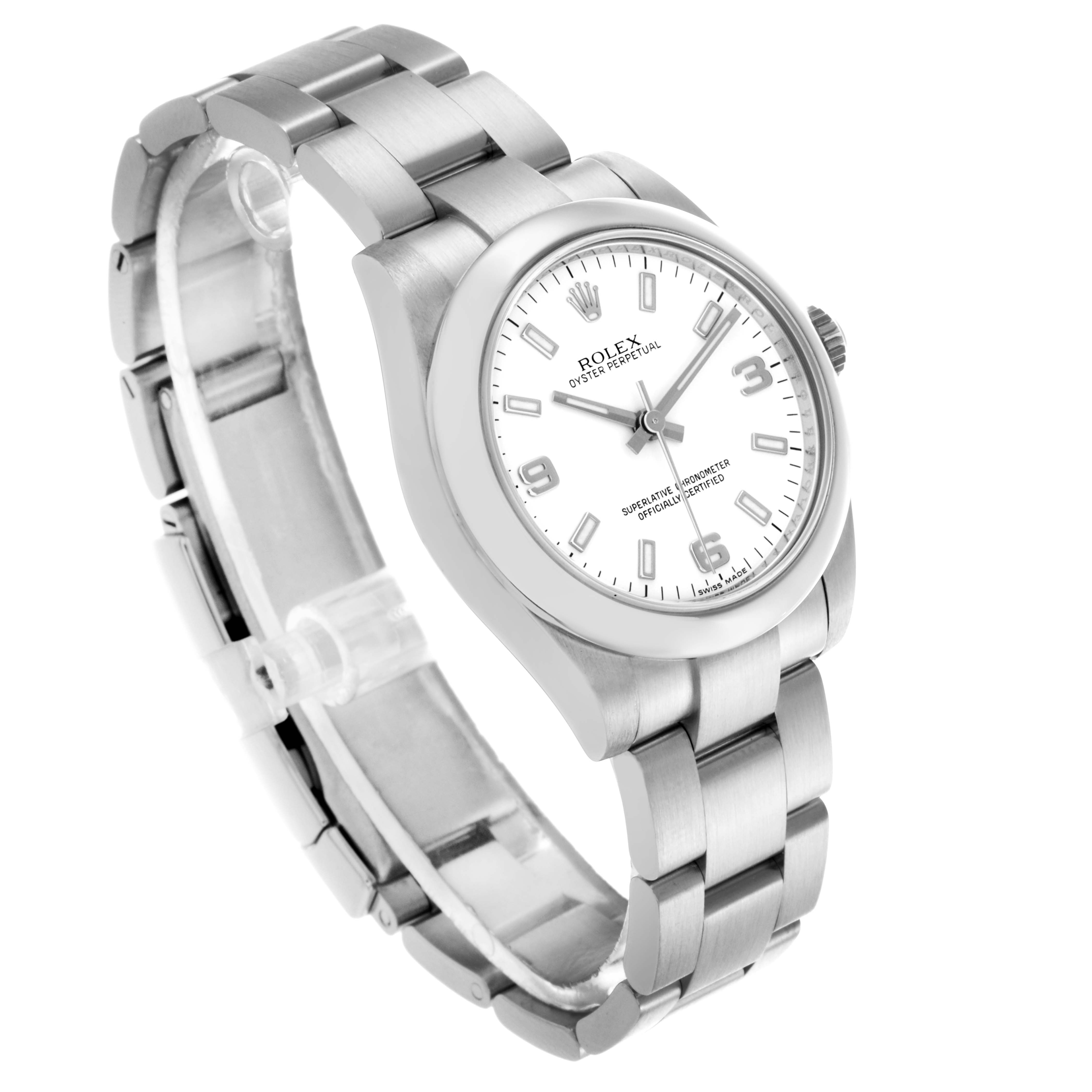 The Rolex Mid-Size 177200 Women's Stainless Steel White Dial 177200 Women's Stainless Steel White Dial model is shown at a three-quarter angle, highlighting the face, bezel, and bracelet.