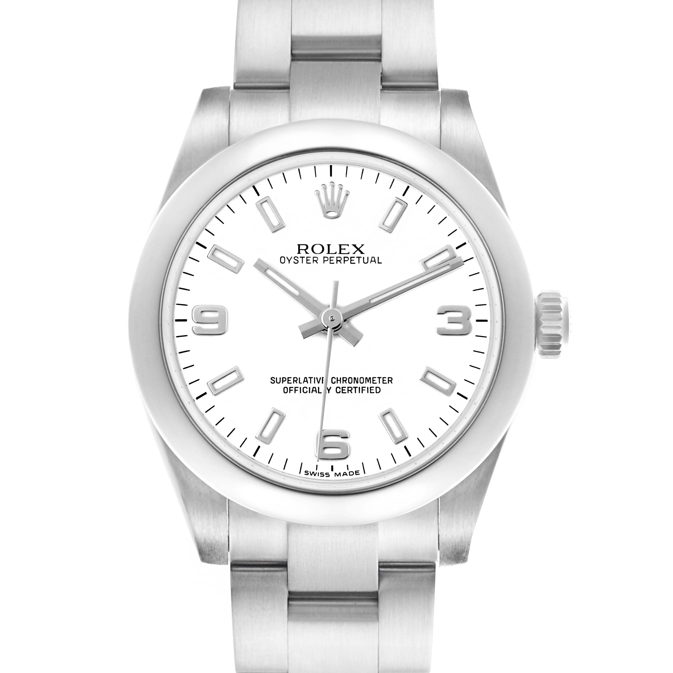 The Rolex Mid-Size 177200 Women's Stainless Steel White Dial 177200 Women's Stainless Steel White Dial watch is shown from the front, highlighting the dial, bezel, and part of the bracelet.