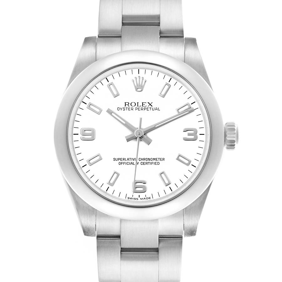 The Rolex Mid-Size watch is shown from the front, highlighting the dial, bezel, and part of the bracelet.