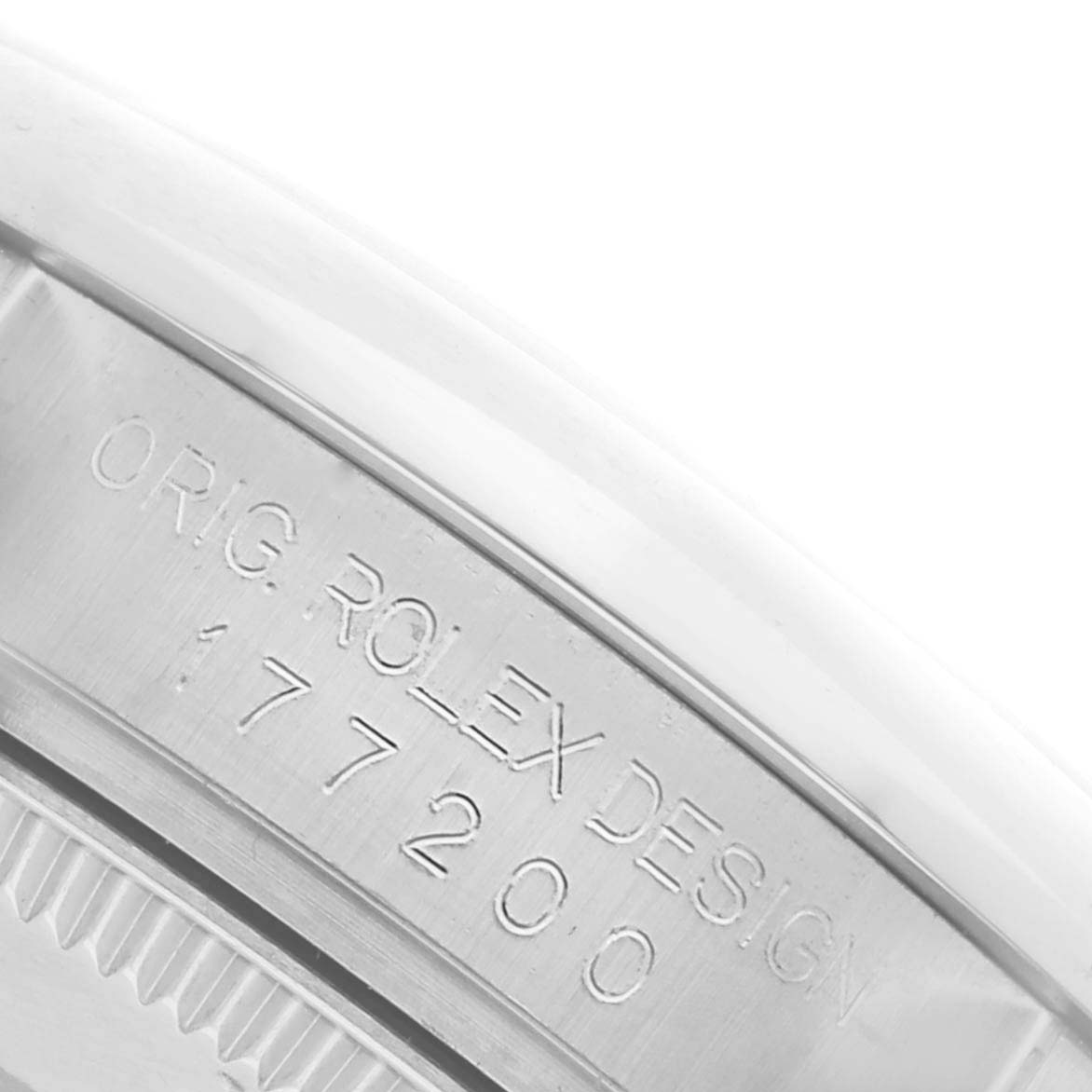 The image shows the side of a Rolex Mid-Size 177200 Women's Stainless Steel White Dial 177200 Women's Stainless Steel White Dial watch, highlighting its engraved design and model number.