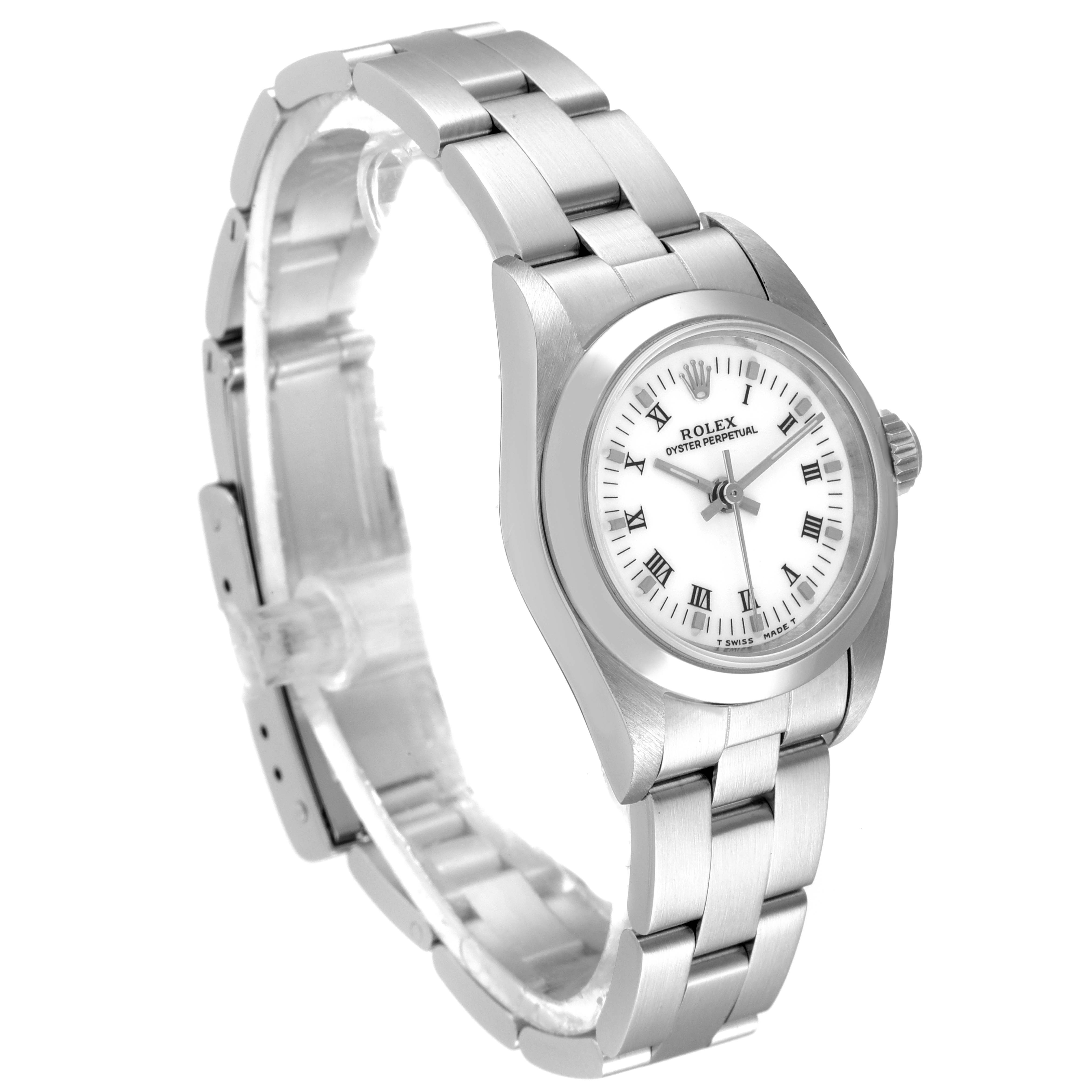 The image shows a Rolex Oyster Perpetual 67180 Women
s Stainless Steel White Dial 67180 Women
s Stainless Steel White Dial watch at a 3/4 angle, highlighting its face, case, and bracelet.