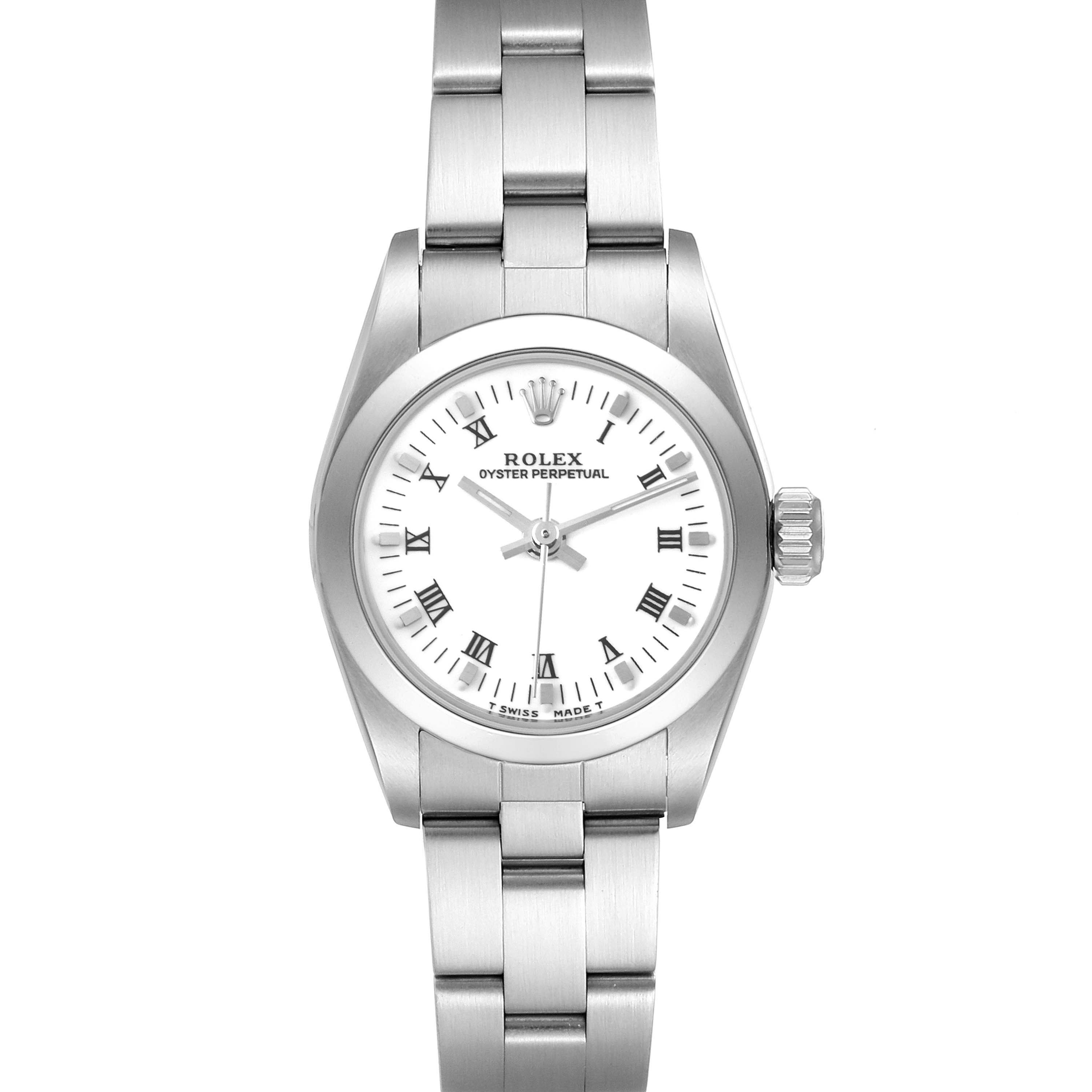 This image shows a front view of a Rolex Oyster Perpetual 67180 Women
s Stainless Steel White Dial 67180 Women
s Stainless Steel White Dial watch, highlighting the face, bezel, crown, and bracelet.