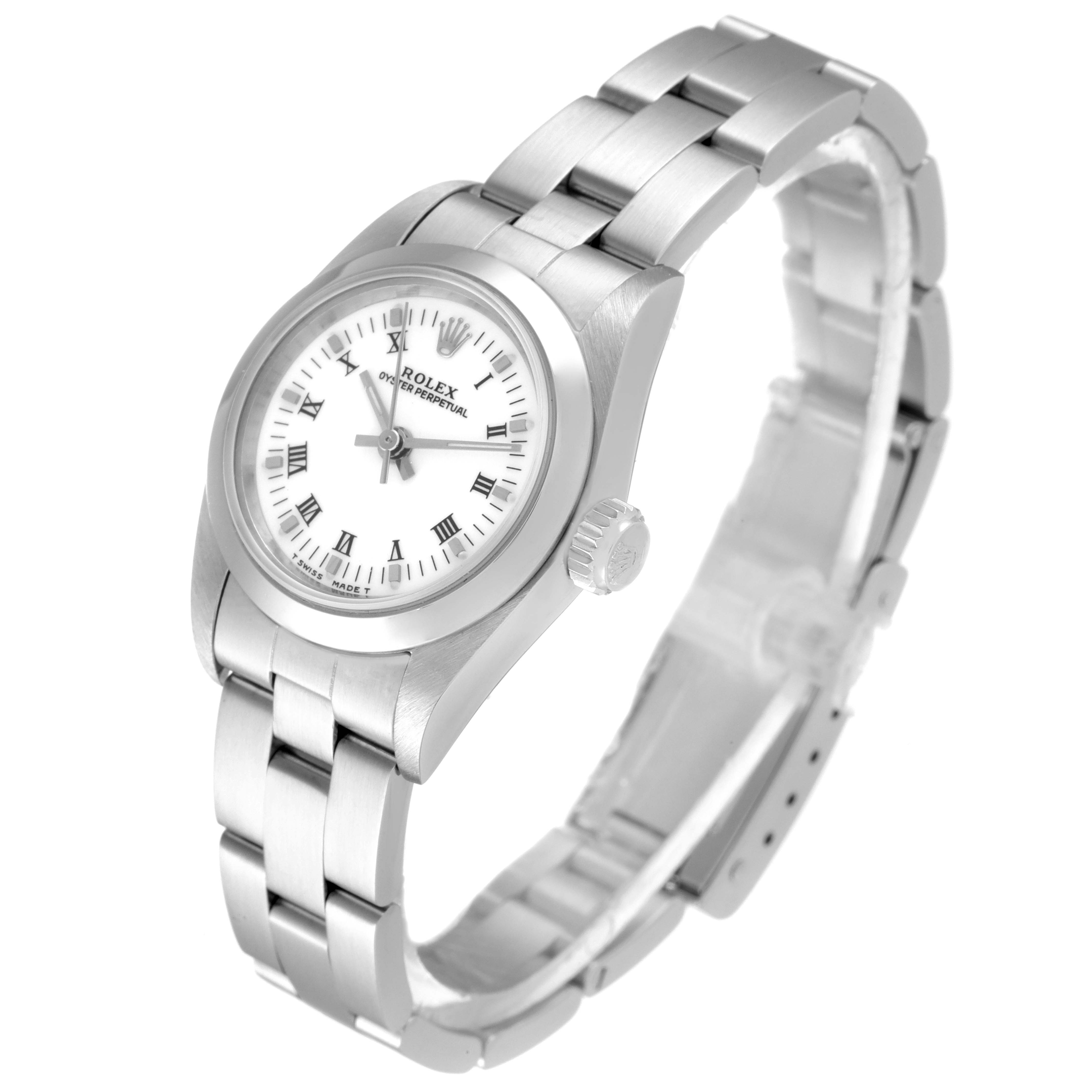 This image shows a Rolex Oyster Perpetual 67180 Women
s Stainless Steel White Dial 67180 Women
s Stainless Steel White Dial watch from a diagonal angle, highlighting the dial, bezel, crown, and bracelet.