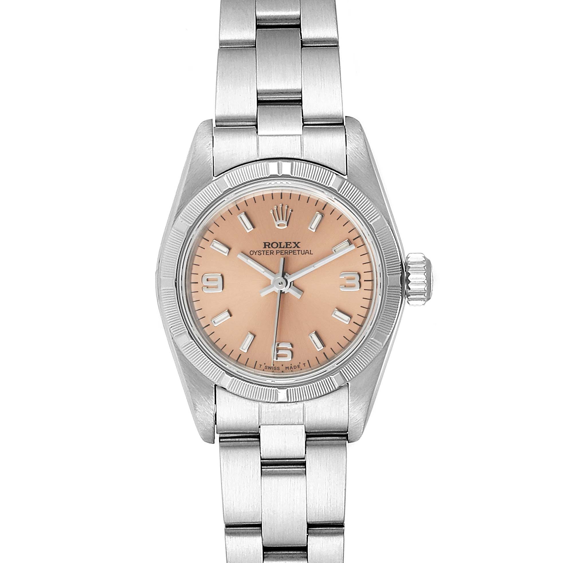 This image shows a front view of a Rolex Oyster Perpetual 67230 Women's Stainless Steel Pink Dial 67230 Women's Stainless Steel Pink Dial watch, highlighting its peach dial and stainless steel bracelet.