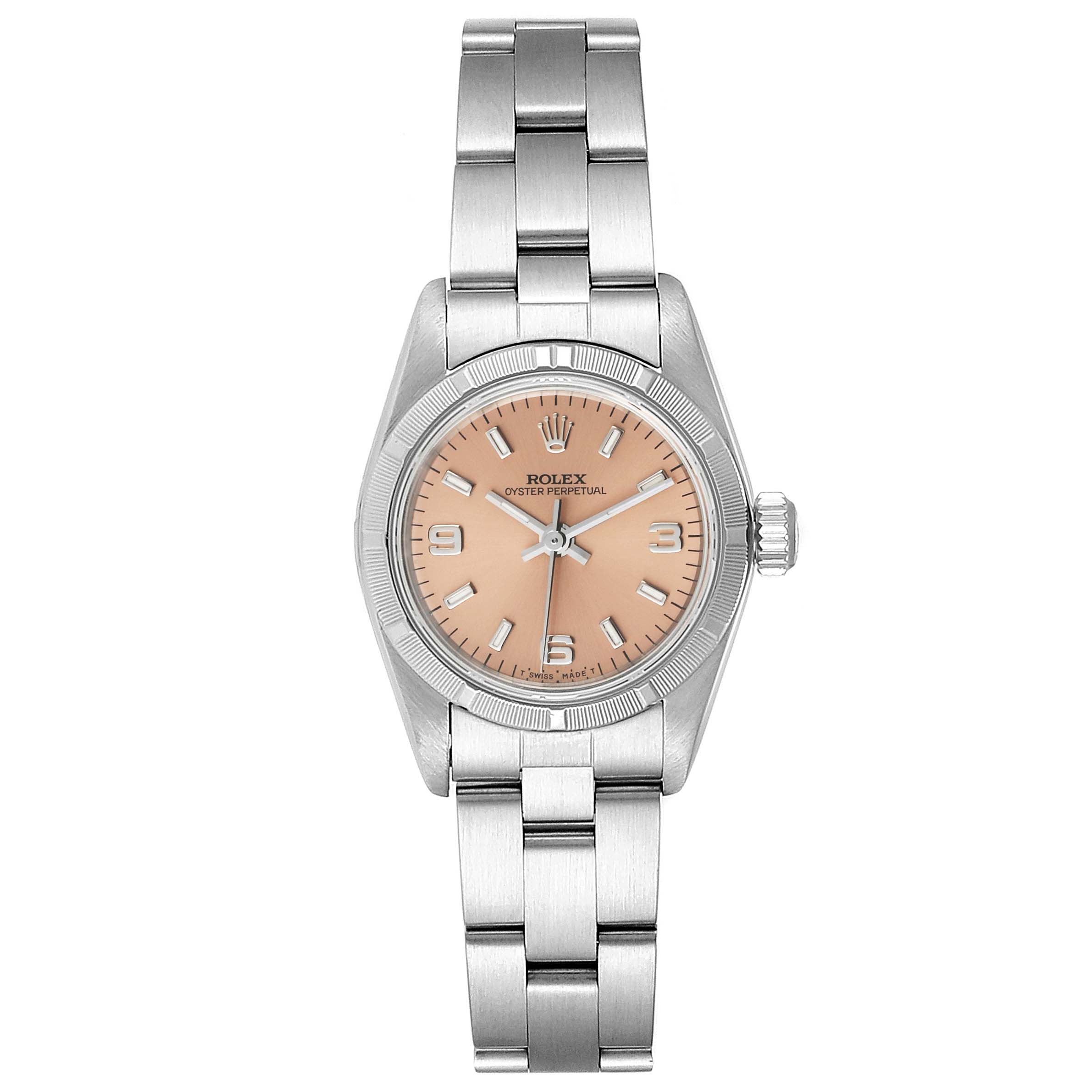 The image shows a front view of a Rolex Oyster Perpetual 67230 Women's Stainless Steel Pink Dial 67230 Women's Stainless Steel Pink Dial watch, highlighting the dial, bezel, crown, and bracelet.