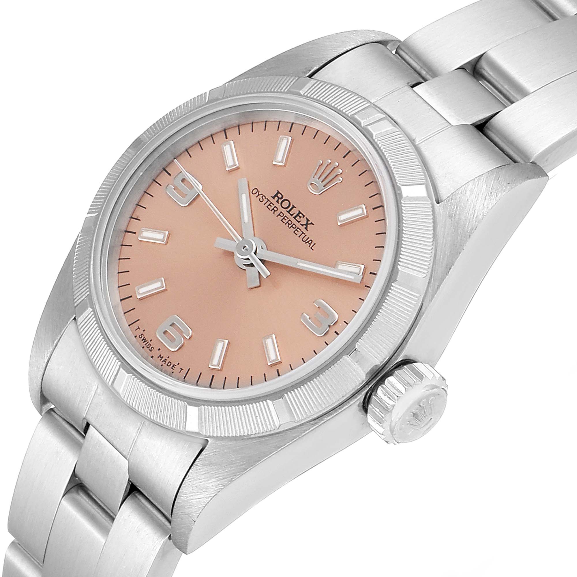 The image shows a close-up angle of the Rolex Oyster Perpetual 67230 Women's Stainless Steel Pink Dial 67230 Women's Stainless Steel Pink Dial watch, highlighting the dial, bezel, crown, and part of the bracelet.