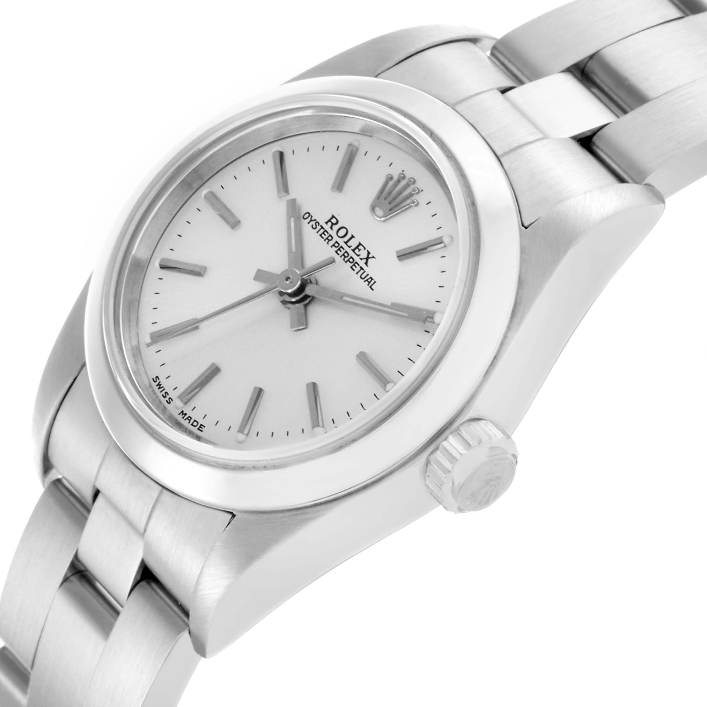 The Rolex Oyster Perpetual 76080 Women's Stainless Steel Silver Dial 76080 Women's Stainless Steel Silver Dial watch is shown at an angled view, displaying the dial, bezel, case, bracelet, and crown.