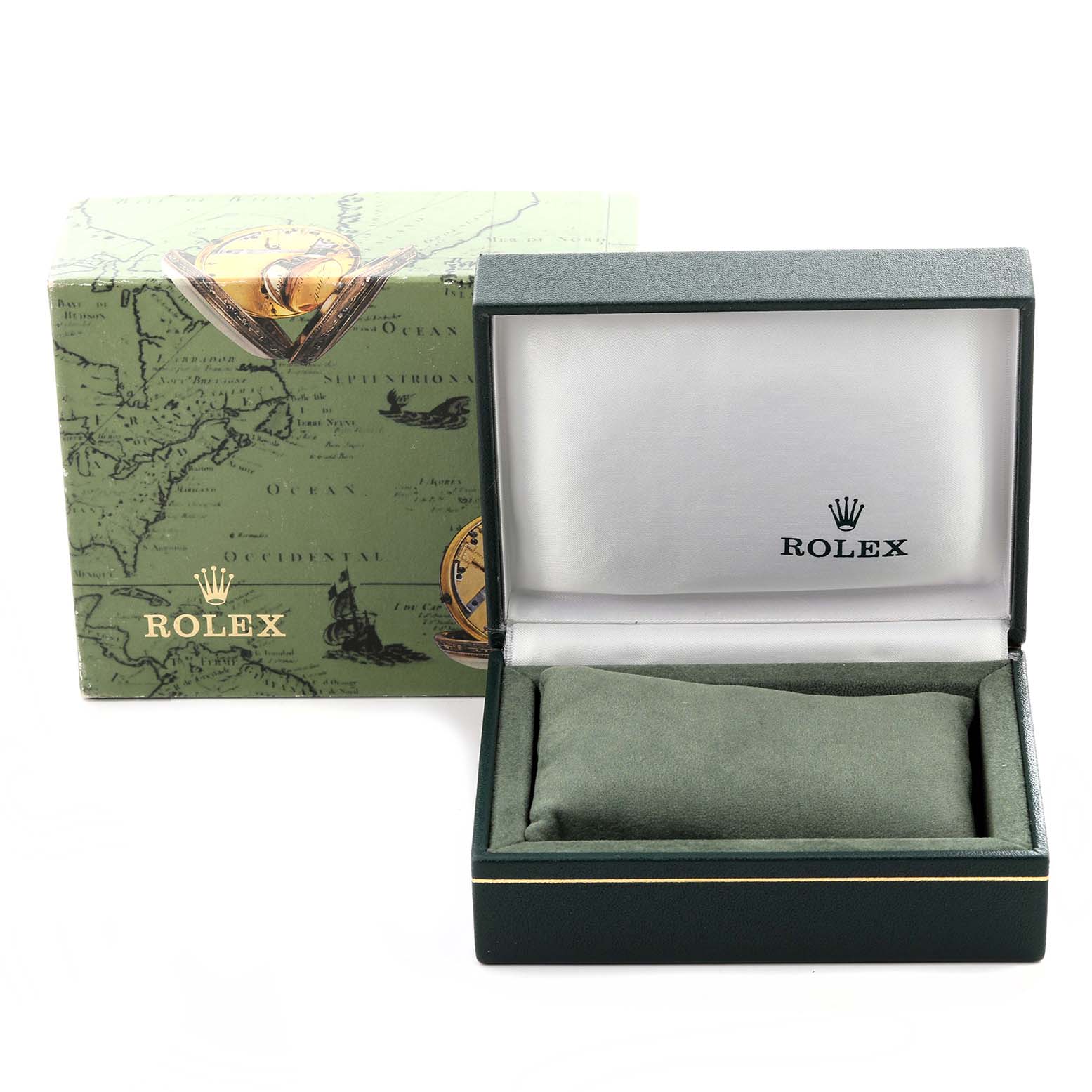 The image shows an open Rolex Oyster Perpetual 76080 Women's Stainless Steel Silver Dial 76080 Women's Stainless Steel Silver Dial watch box, displaying the interior cushion and logo.