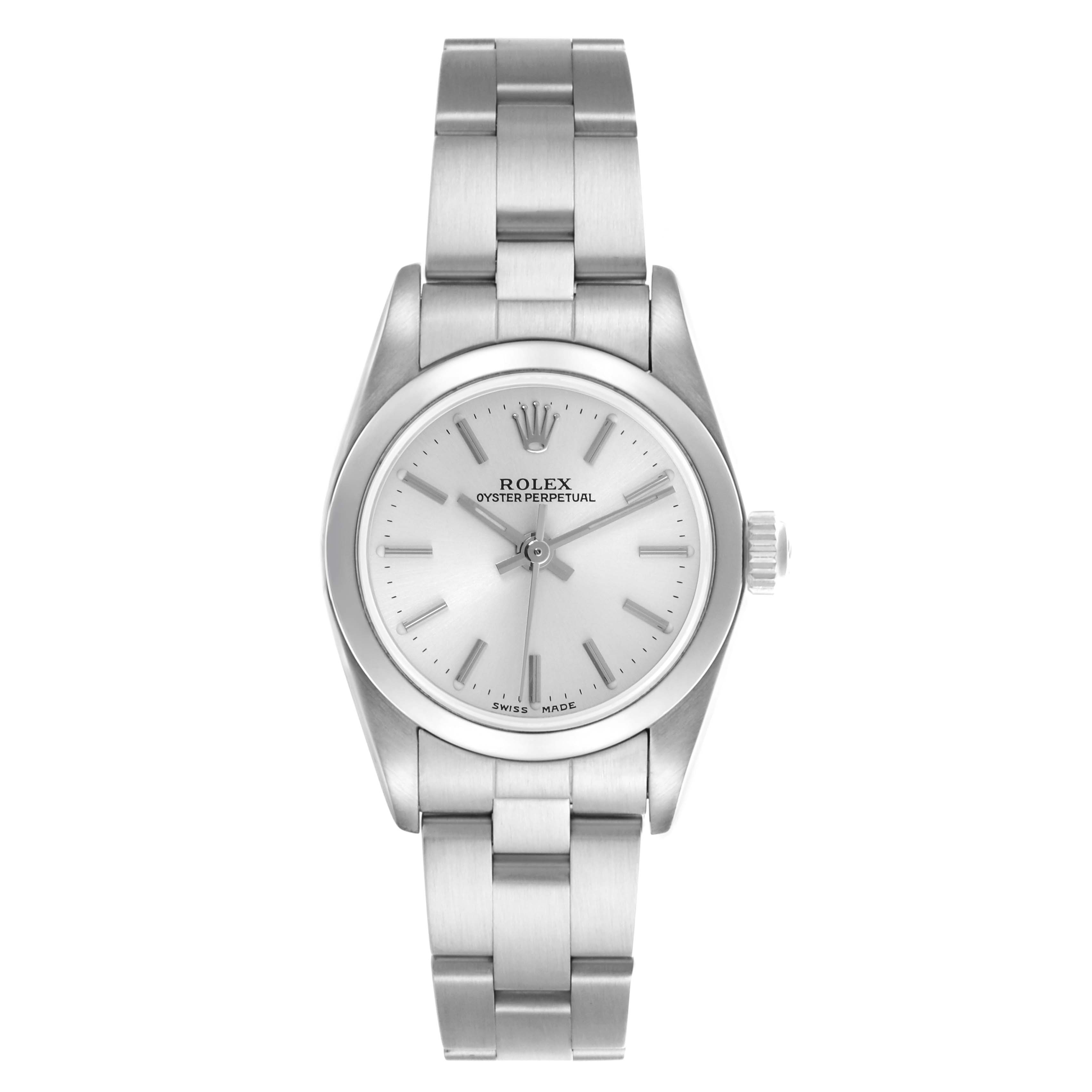 The Rolex Oyster Perpetual 76080 Women's Stainless Steel Silver Dial 76080 Women's Stainless Steel Silver Dial watch is shown from a front angle, displaying its dial, bezel, and bracelet.
