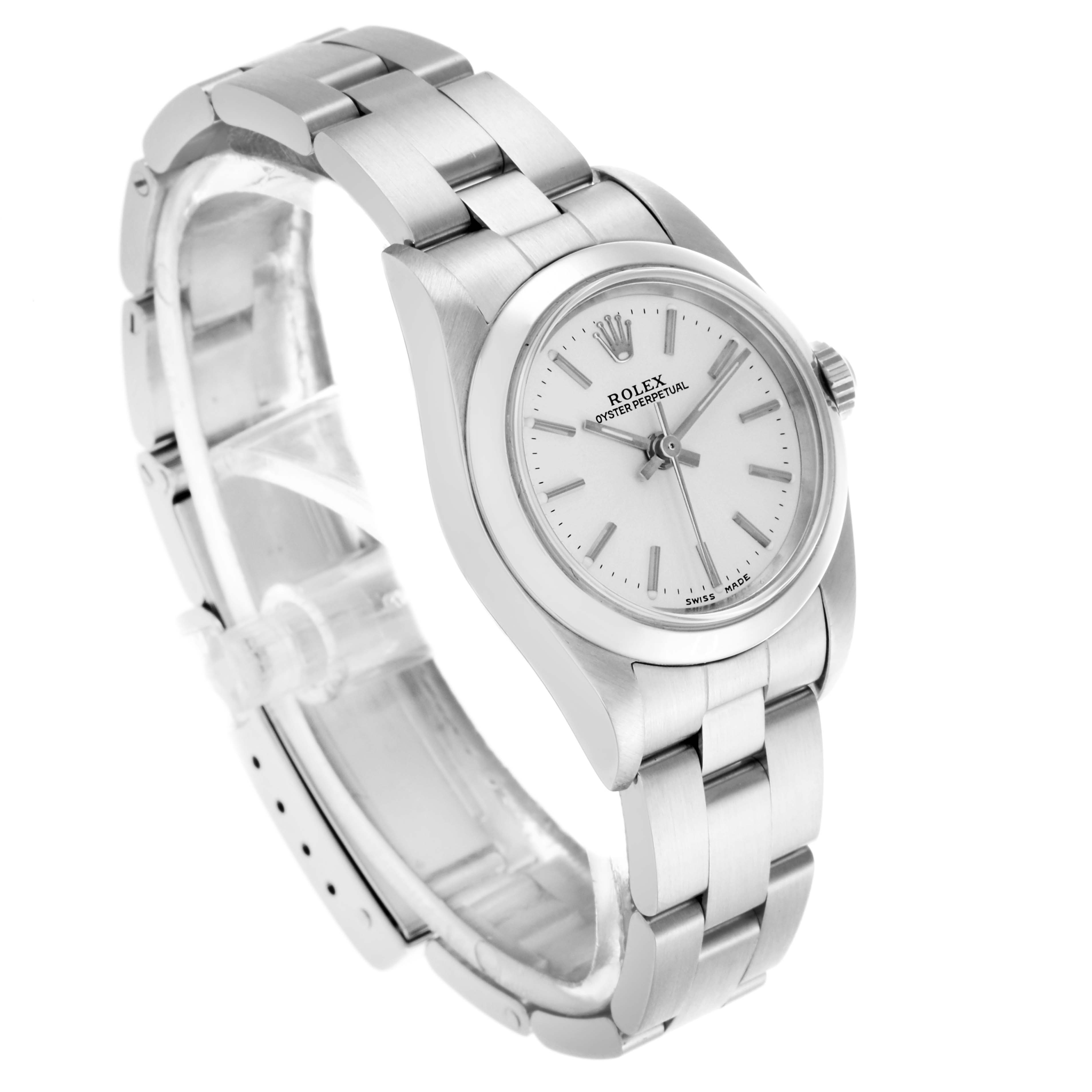 The Rolex Oyster Perpetual 76080 Women's Stainless Steel Silver Dial 76080 Women's Stainless Steel Silver Dial watch is shown at an angled view, highlighting the dial, bracelet, and clasp.