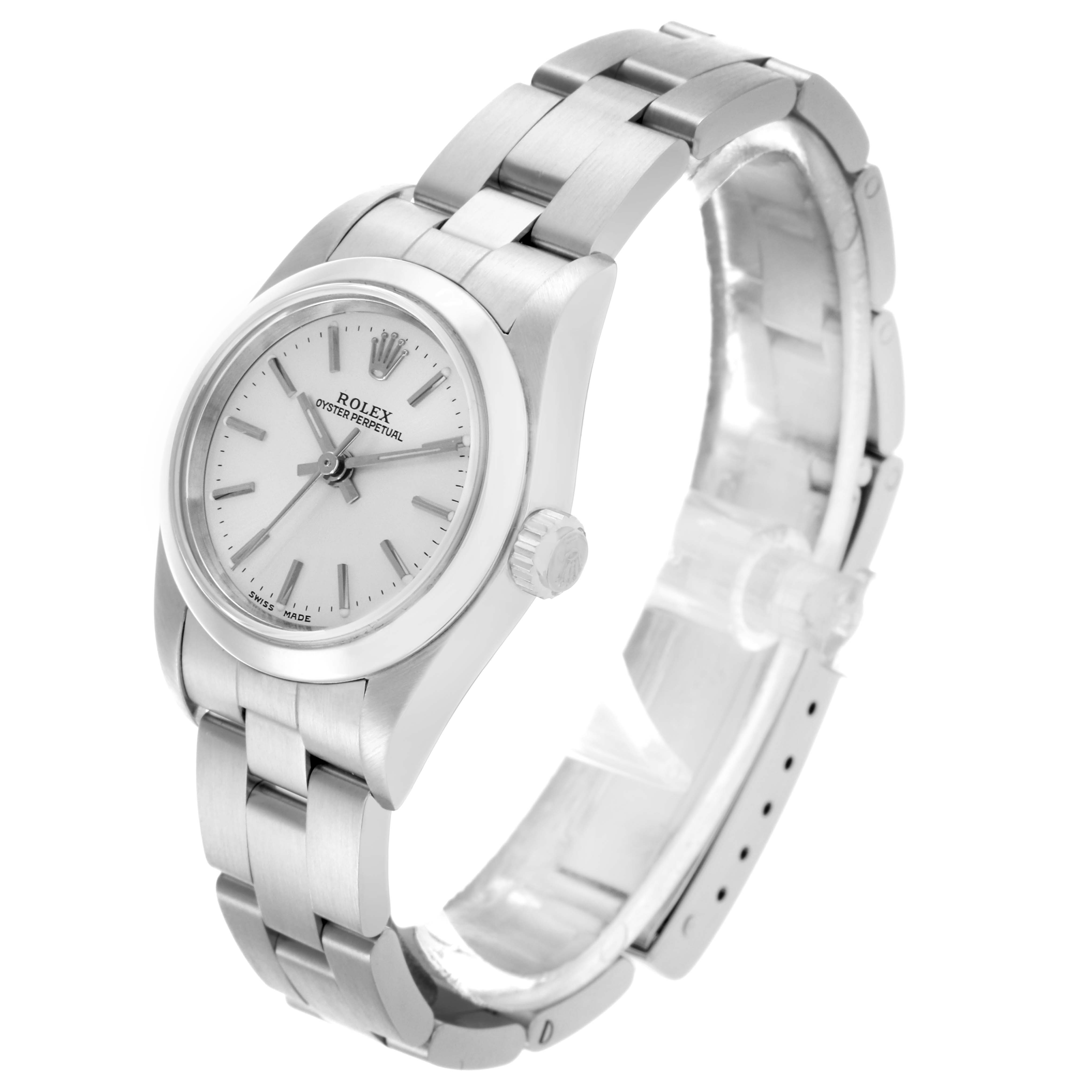 The Rolex Oyster Perpetual 76080 Women's Stainless Steel Silver Dial 76080 Women's Stainless Steel Silver Dial watch is shown from a side angle, displaying the case, dial, and bracelet clearly.
