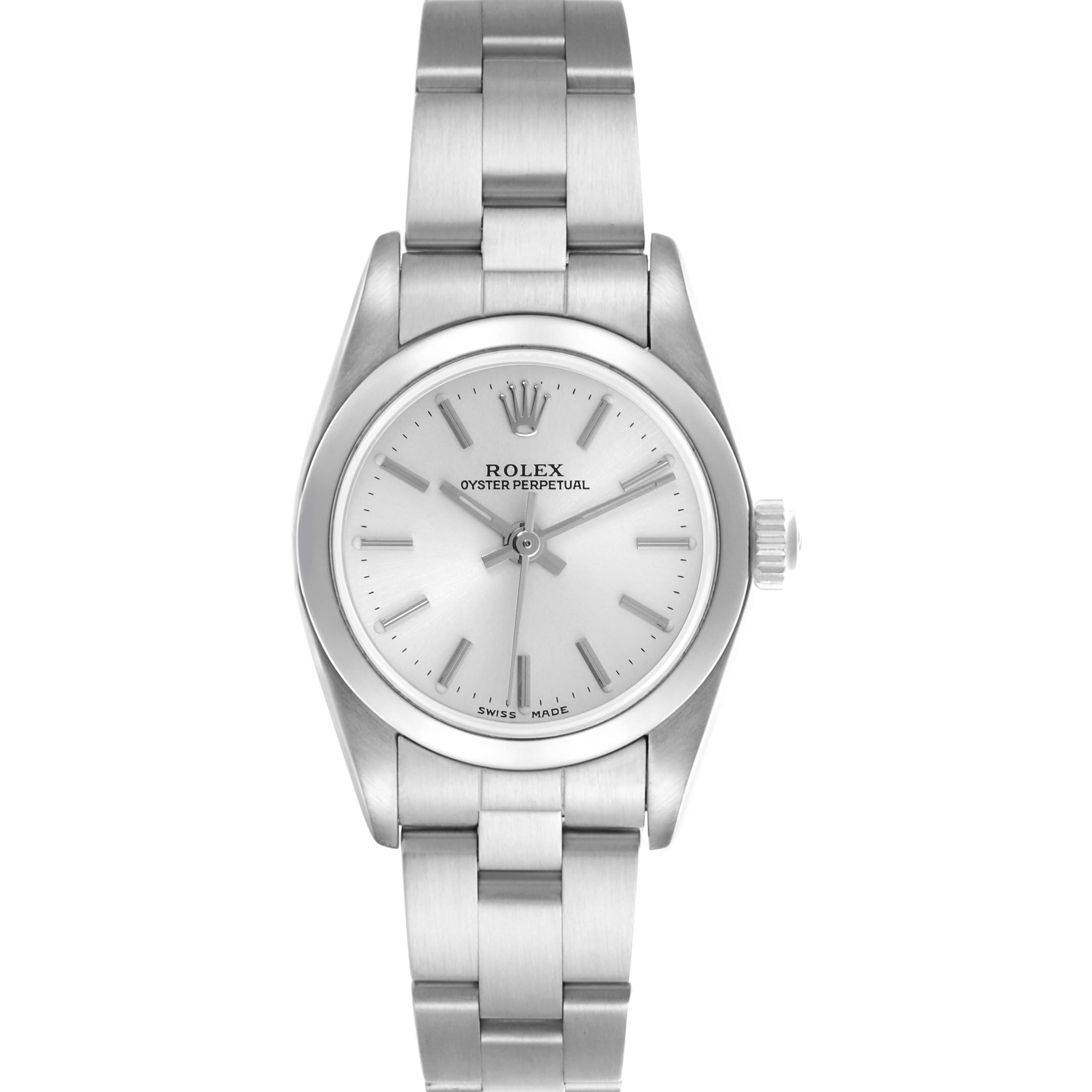 The Rolex Oyster Perpetual 76080 Women's Stainless Steel Silver Dial 76080 Women's Stainless Steel Silver Dial watch is shown from a front angle, displaying its face, bezel, and metal bracelet.