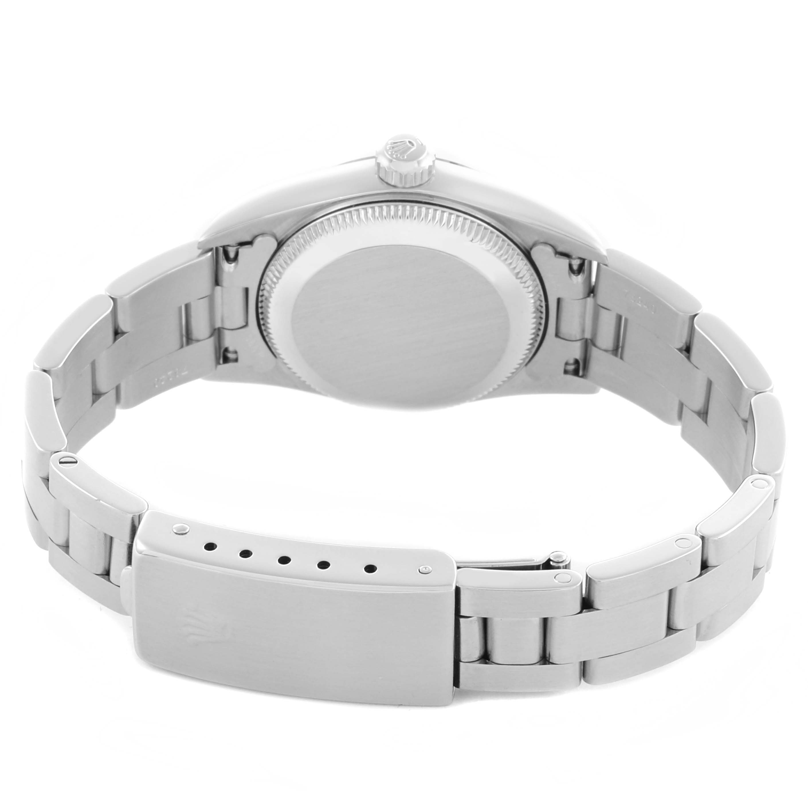 The Rolex Oyster Perpetual 76080 Women's Stainless Steel Silver Dial 76080 Women's Stainless Steel Silver Dial watch is shown from the back, featuring the case back, bracelet, and clasp.