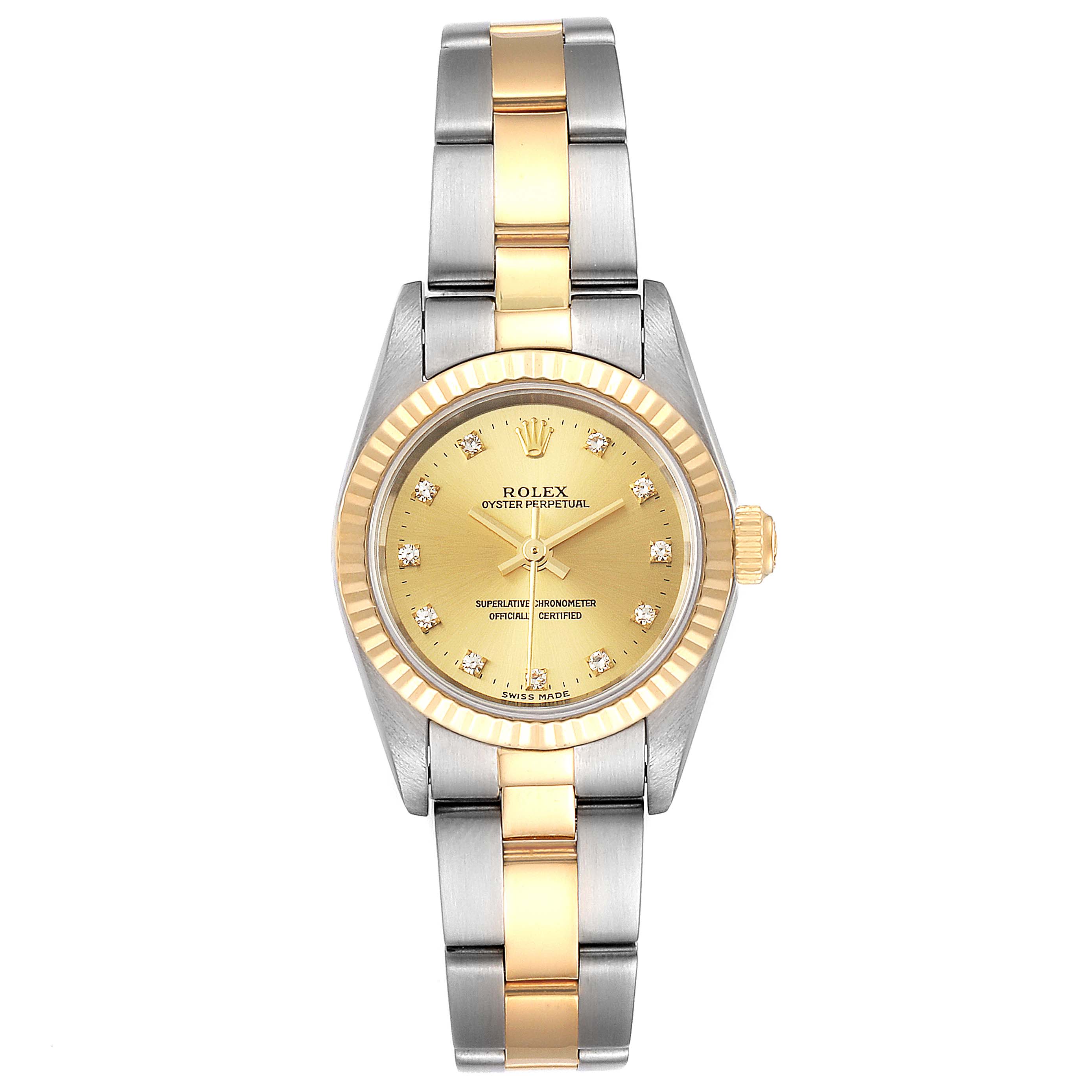This image displays the front view of a Rolex Oyster Perpetual 76193 Women
s Steel and Gold (two tone) Champagne Dial 76193 Women
s Steel and Gold (two tone) Champagne Dial watch, featuring a gold and silver bracelet and a gold dial with diamond hour markers.