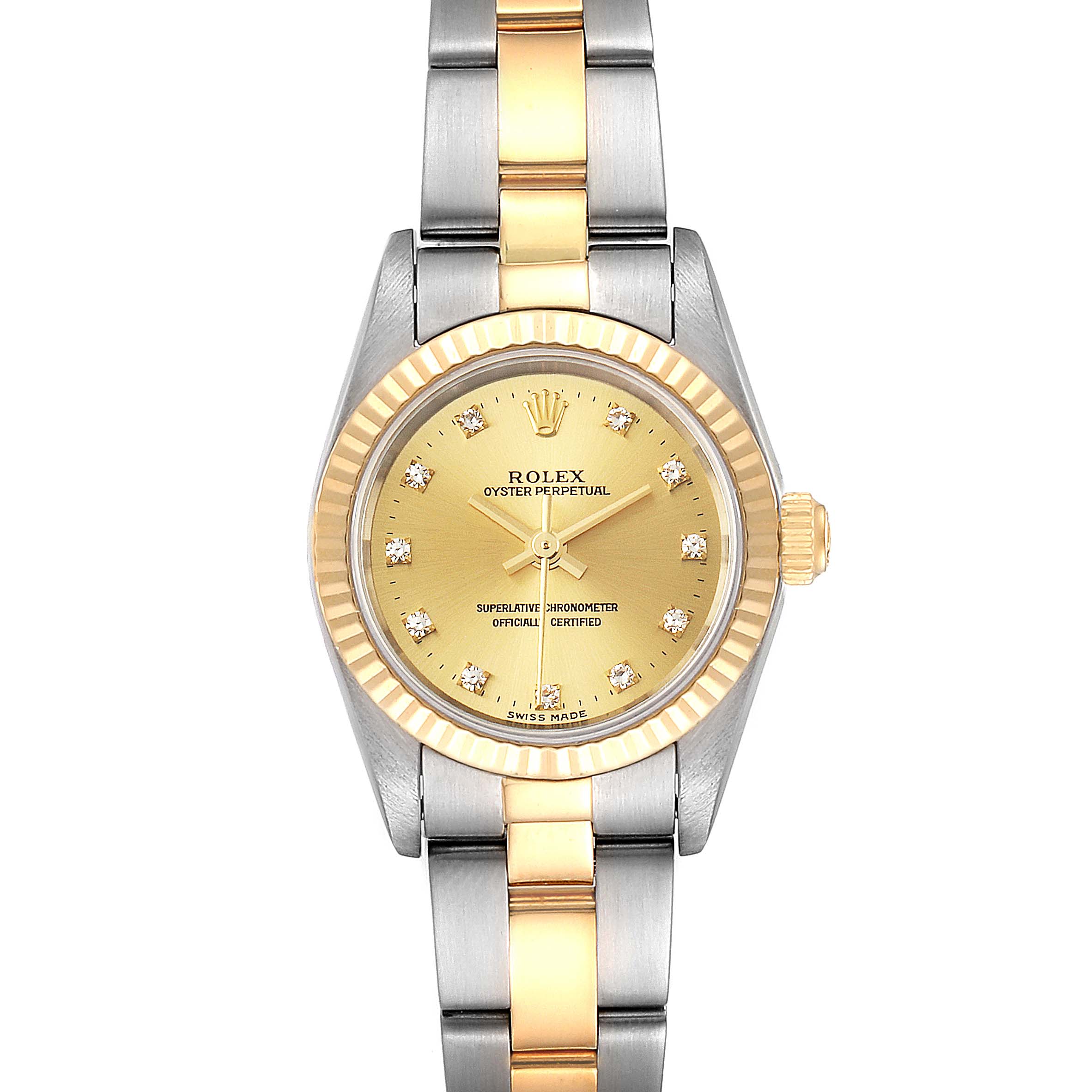 The image shows a frontal view of a Rolex Oyster Perpetual 76193 Women
s Steel and Gold (two tone) Champagne Dial 76193 Women
s Steel and Gold (two tone) Champagne Dial watch with a gold dial, diamond markers, and a two-tone bracelet.