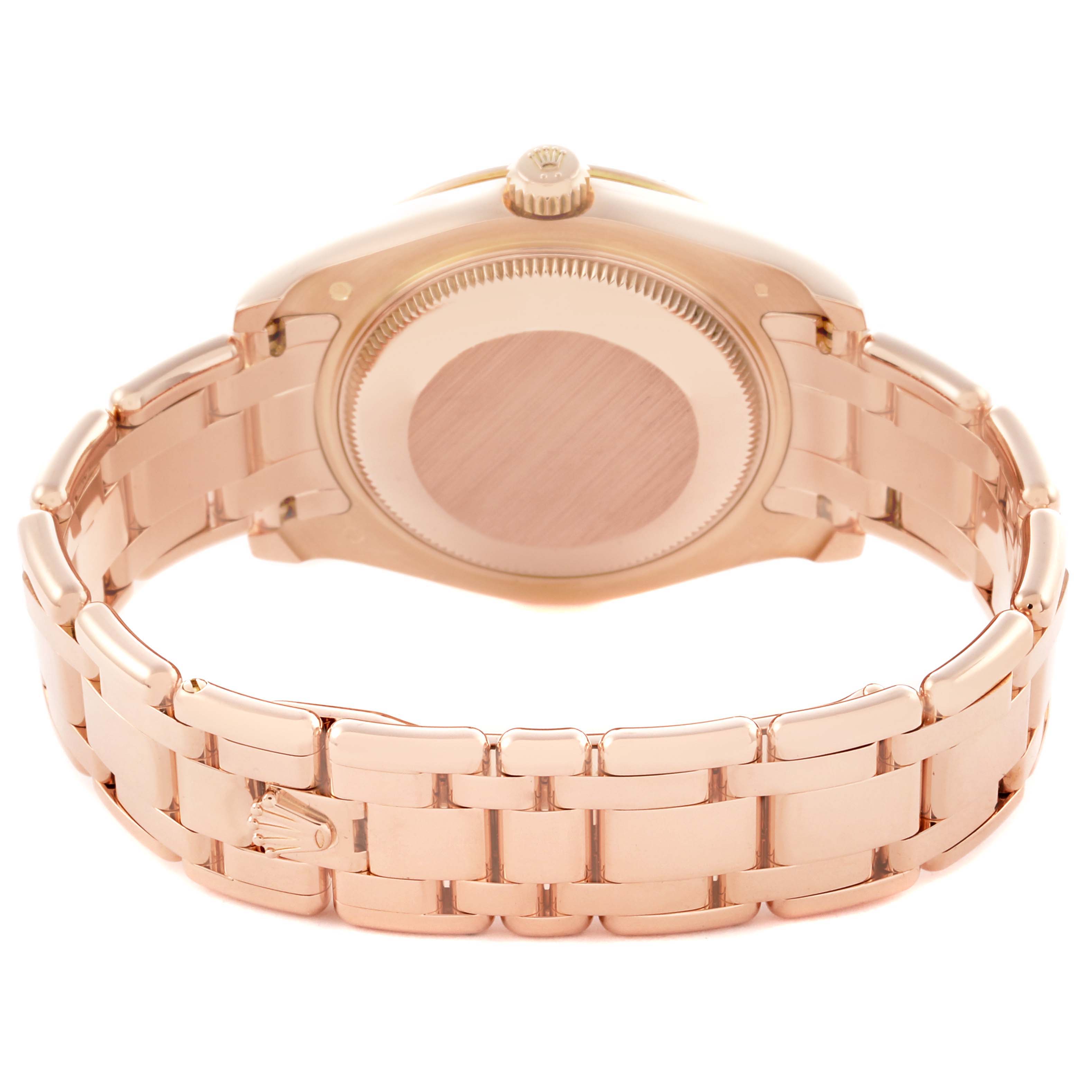 The image shows the back view of the Rolex Pearlmaster 81315 Women's Rose Gold Brown Dial 81315 Women's Rose Gold Brown Dial watch, highlighting its case back and bracelet.