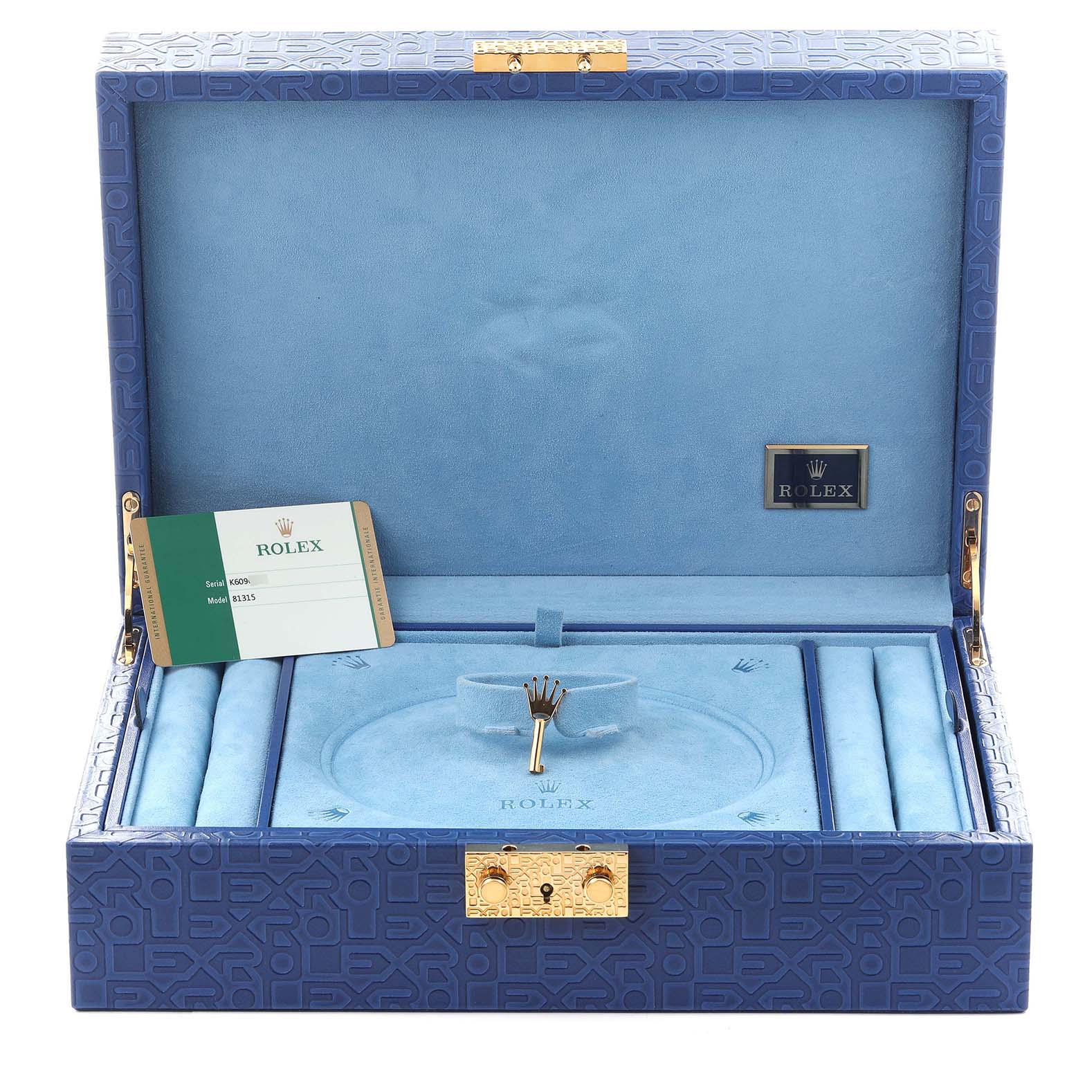 The image shows a Rolex Pearlmaster 81315 Women's Rose Gold Brown Dial 81315 Women's Rose Gold Brown Dial watch box, angled open, with a card displaying the model info.