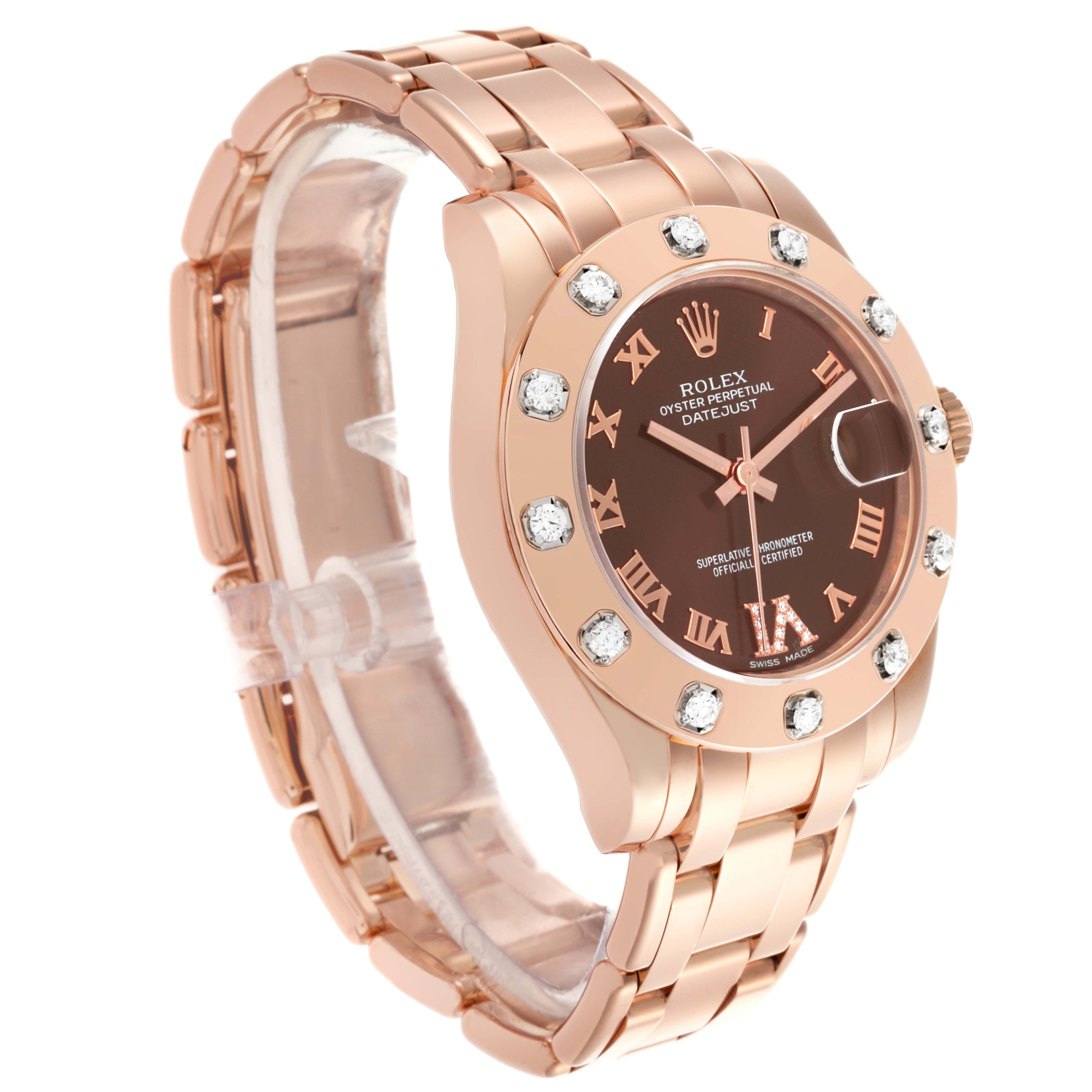 The Rolex Pearlmaster 81315 Women's Rose Gold Brown Dial 81315 Women's Rose Gold Brown Dial watch is shown at a three-quarter angle, highlighting the dial, bezel with diamonds, and bracelet.