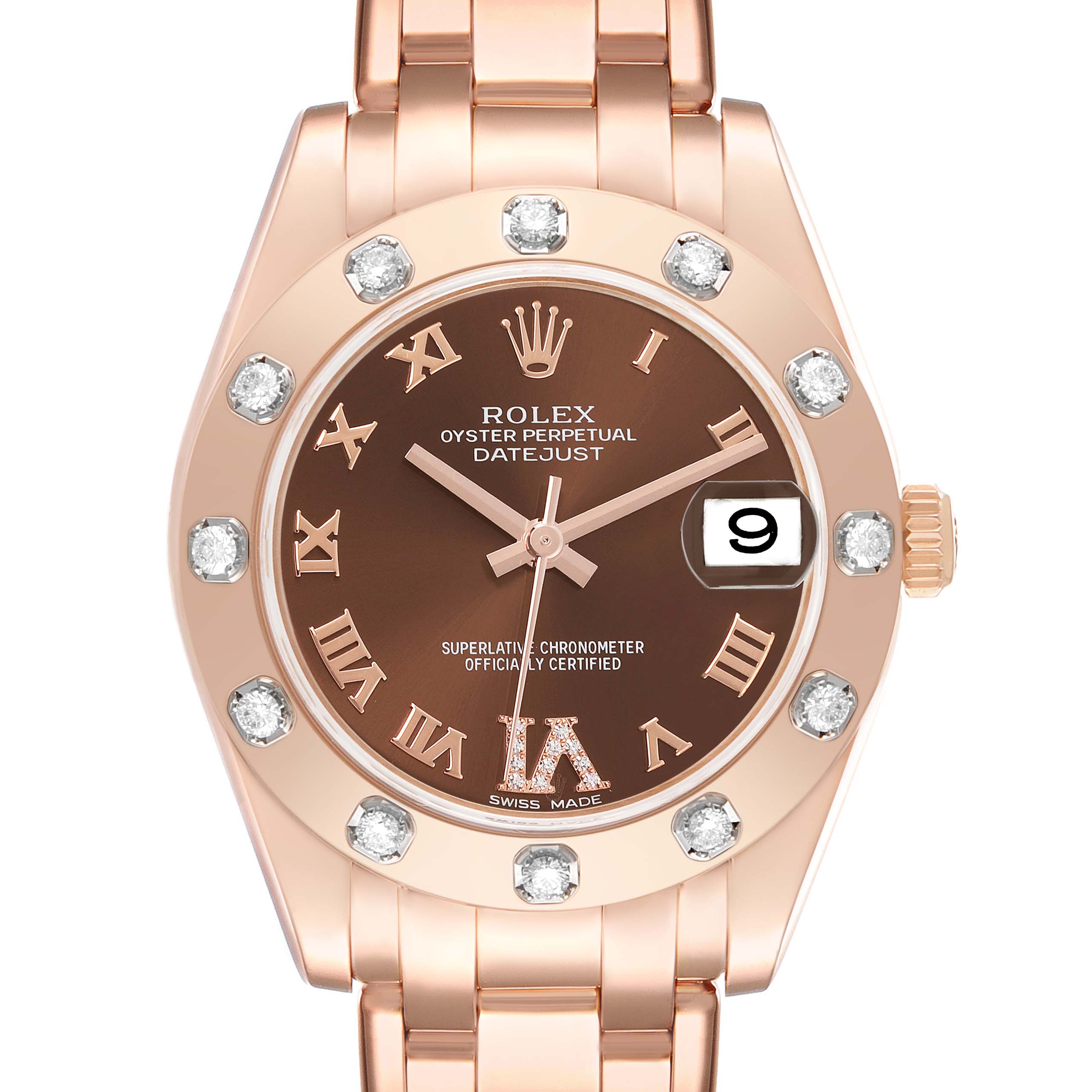 The Rolex Pearlmaster 81315 Women's Rose Gold Brown Dial 81315 Women's Rose Gold Brown Dial watch is shown from a front angle, highlighting its dial, bezel with diamonds, and part of the bracelet.