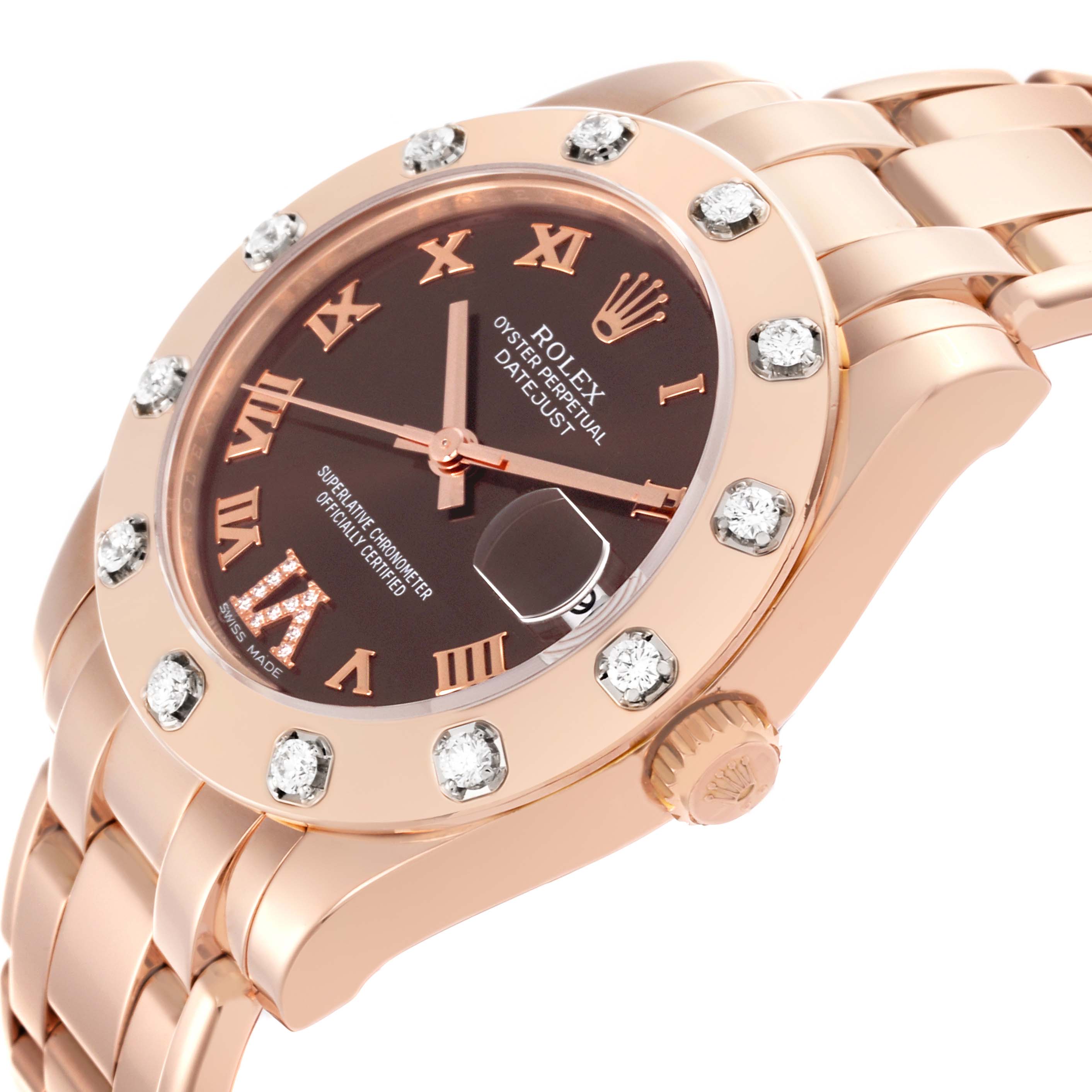 The image shows a Rolex Pearlmaster 81315 Women's Rose Gold Brown Dial 81315 Women's Rose Gold Brown Dial watch at a slight angle, highlighting its diamond-set bezel, brown dial, and gold bracelet.