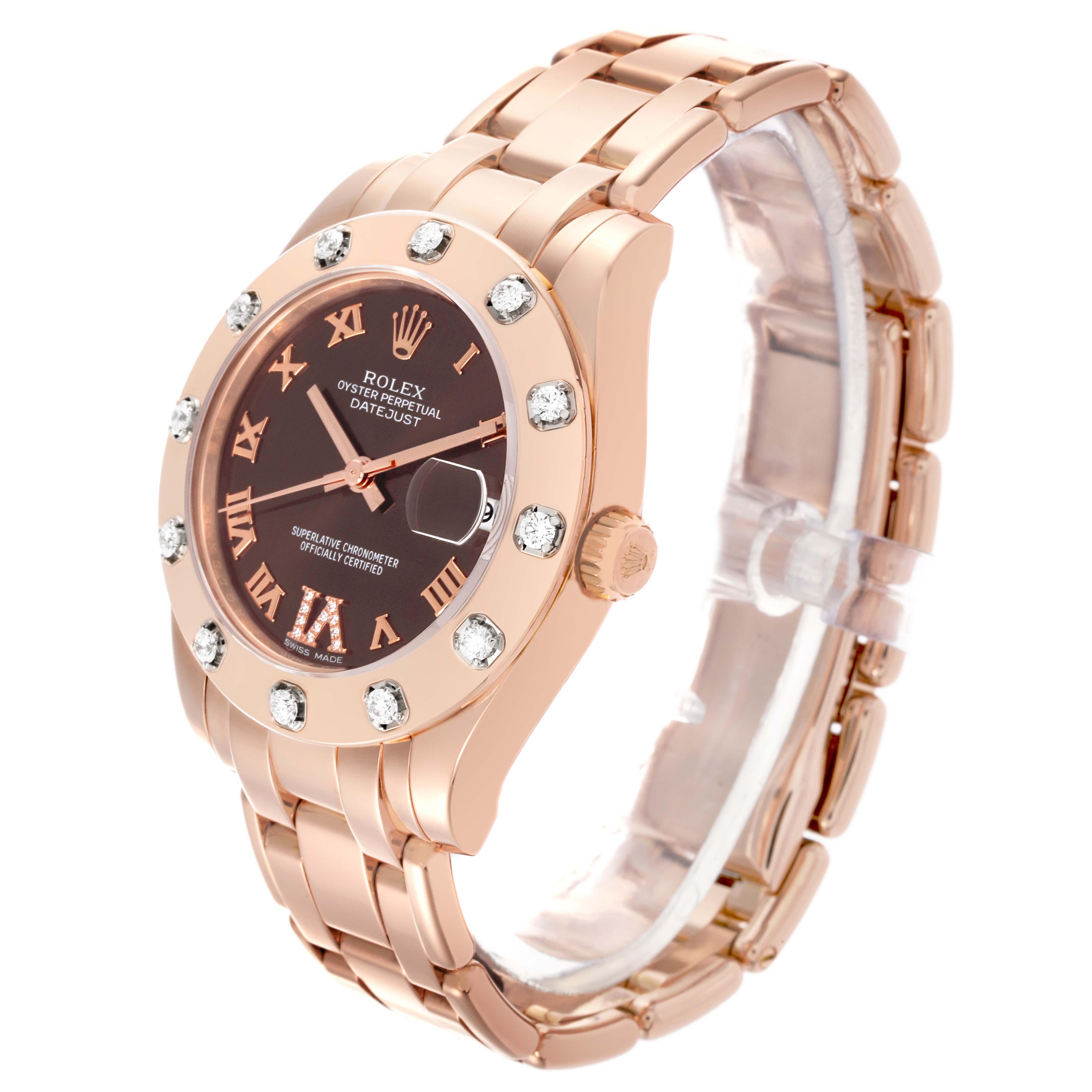 The Rolex Pearlmaster 81315 Women's Rose Gold Brown Dial 81315 Women's Rose Gold Brown Dial watch is shown at a slight angle, highlighting its rose gold case, bracelet, and diamond-set bezel.