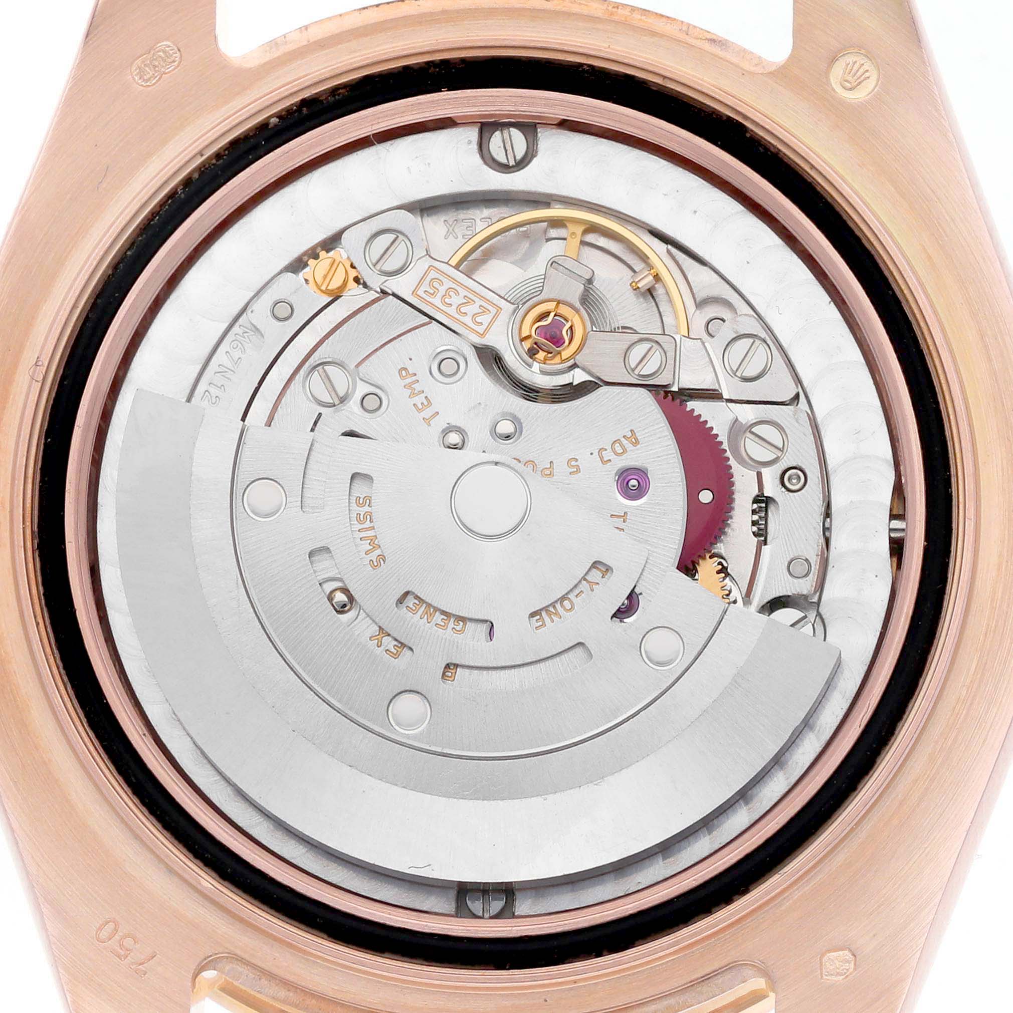 The image shows the back view of a Rolex Pearlmaster 81315 Women's Rose Gold Brown Dial 81315 Women's Rose Gold Brown Dial watch, highlighting its intricate movement and rotor mechanism.