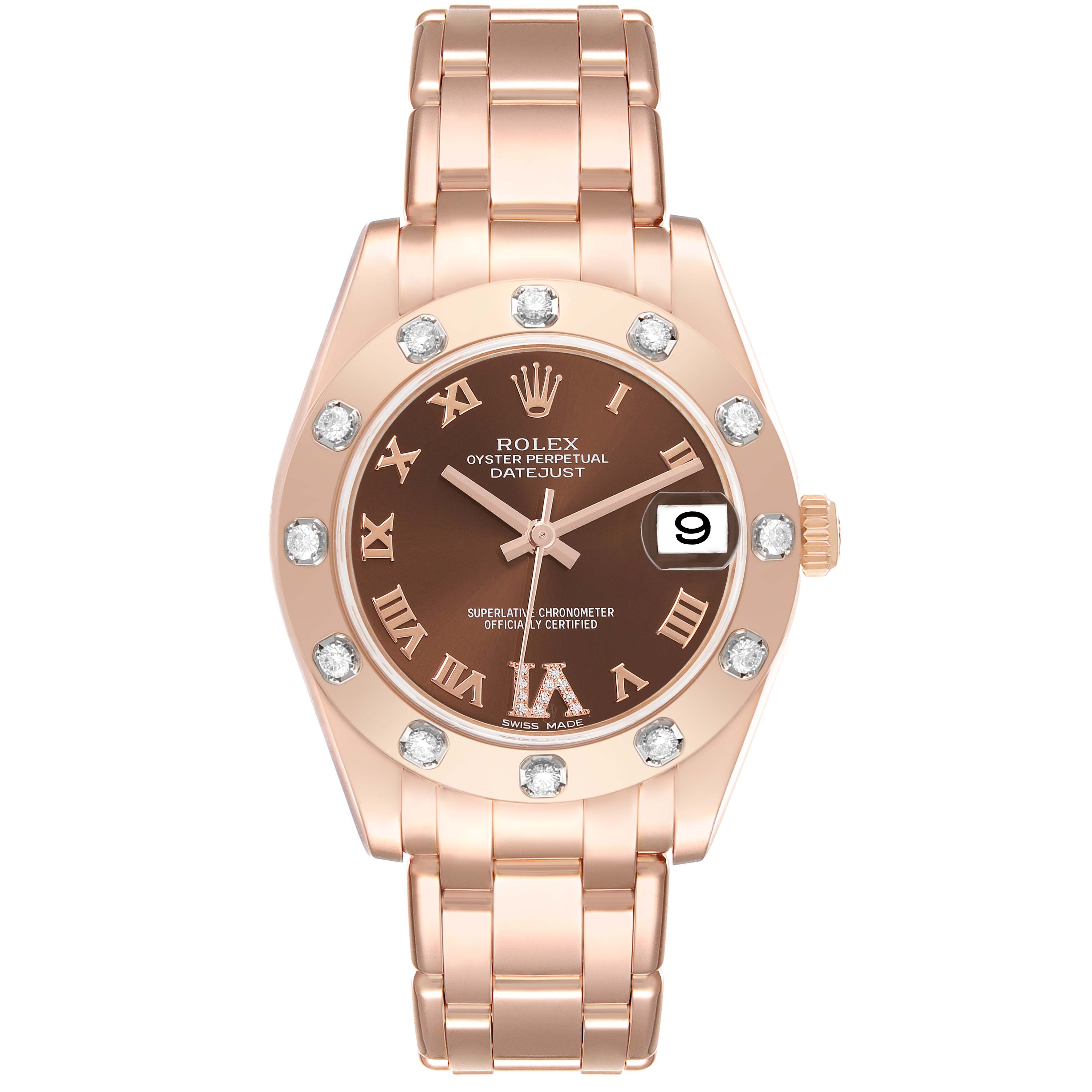 The Rolex Pearlmaster 81315 Women's Rose Gold Brown Dial 81315 Women's Rose Gold Brown Dial watch is shown from the front, highlighting the dial, bezel, bracelet, and crown.