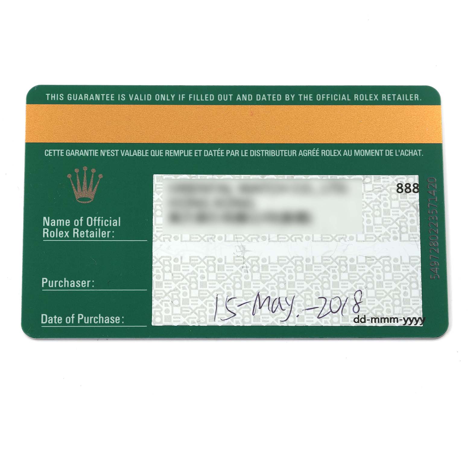 This image shows a Rolex guarantee card for the Pearlmaster model.