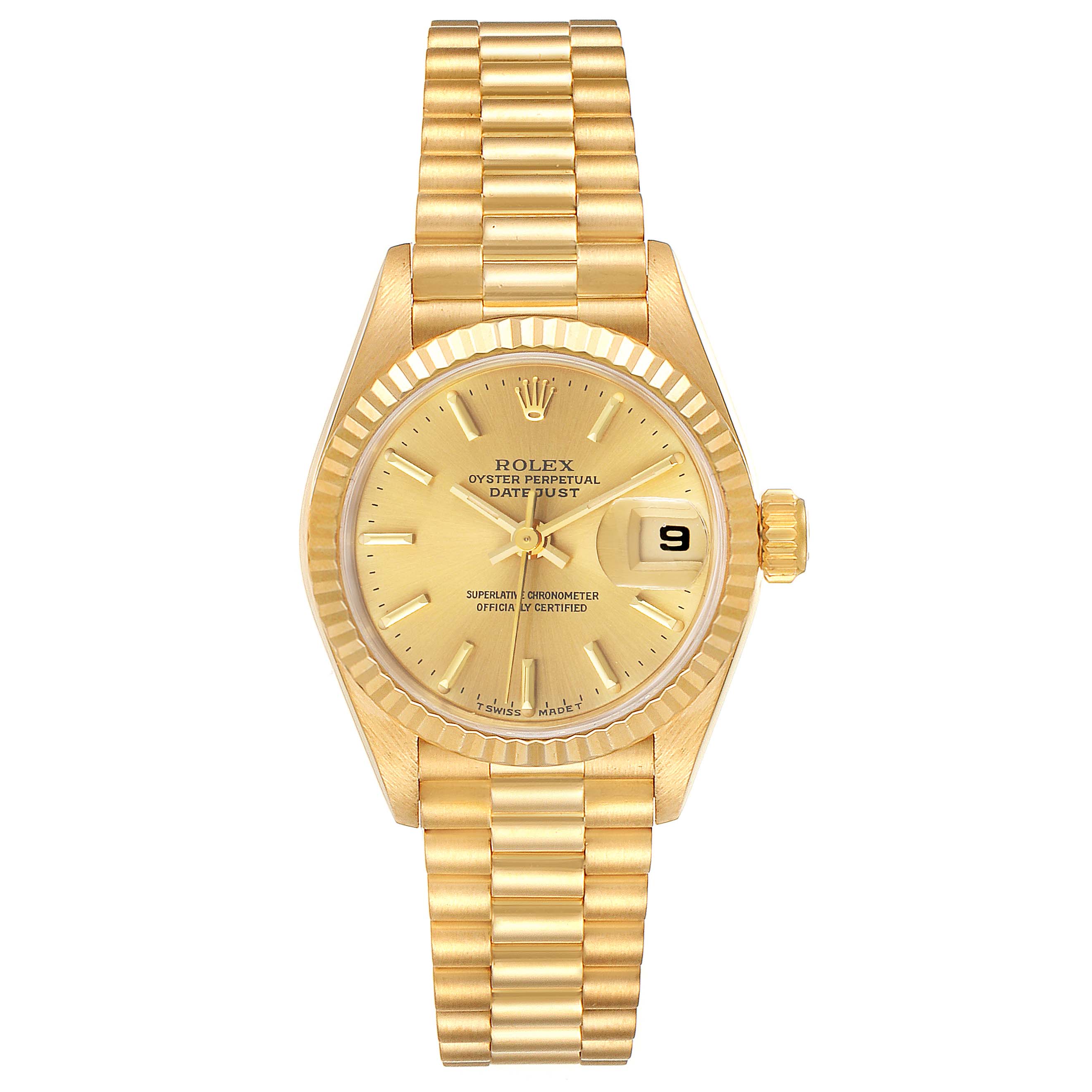 The Rolex President 69178 Women's Yellow Gold Champagne Dial 69178 Women's Yellow Gold Champagne Dial model is shown from a top-down view, displaying the dial, bezel, bracelet, and date window.