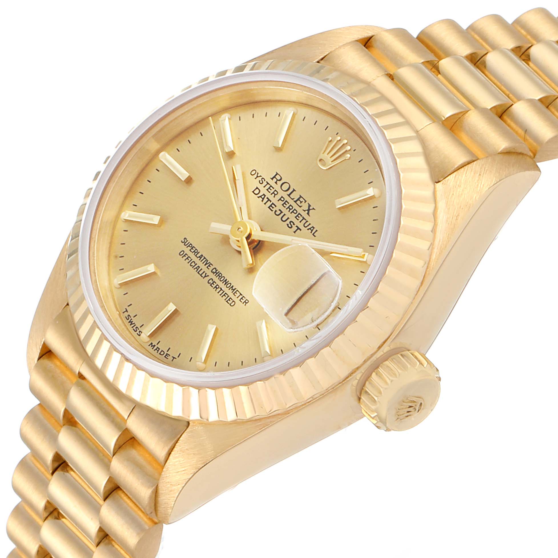 This image shows a Rolex President 69178 Women's Yellow Gold Champagne Dial 69178 Women's Yellow Gold Champagne Dial model watch at an angled side view, highlighting the dial, bezel, crown, and bracelet.