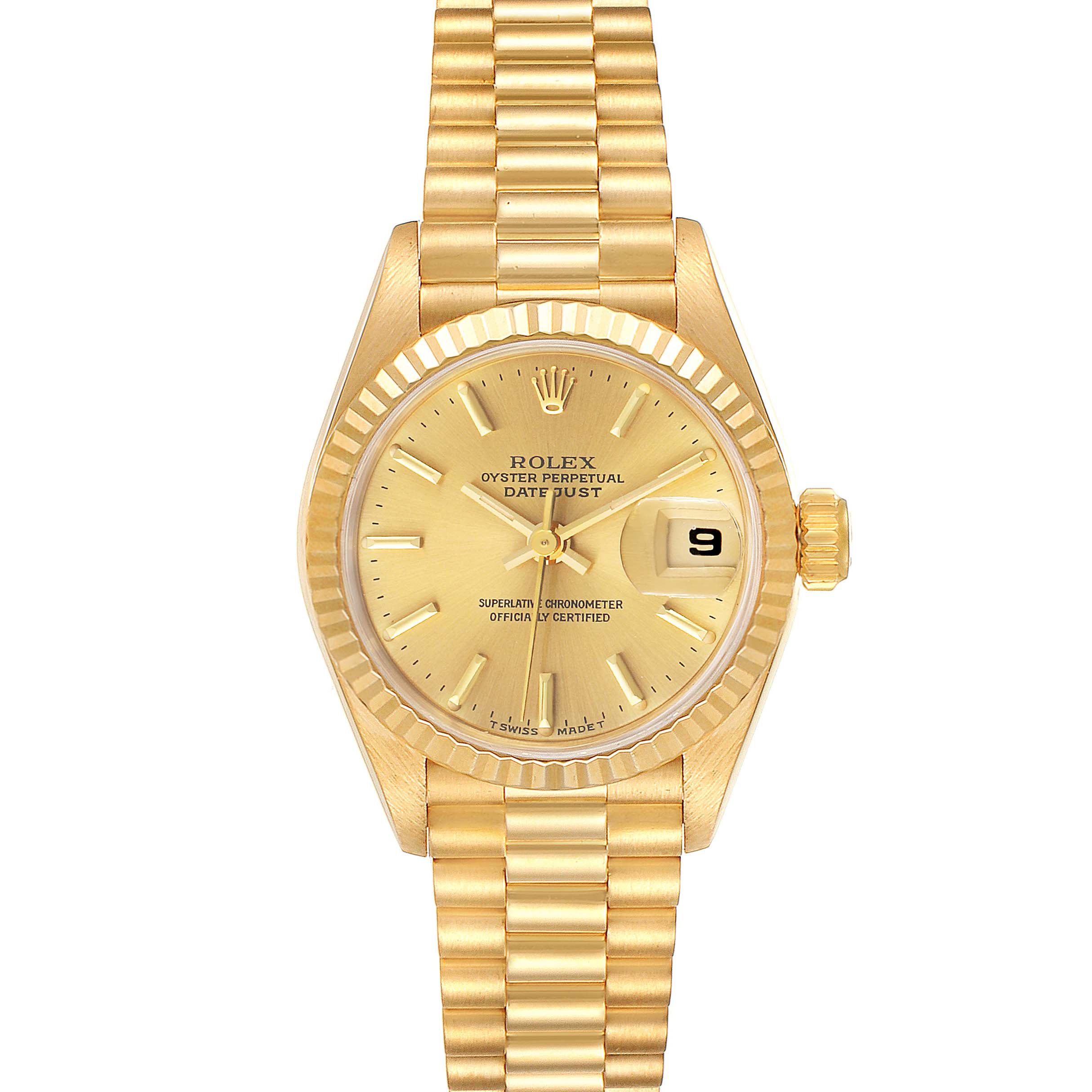 The Rolex President 69178 Women's Yellow Gold Champagne Dial 69178 Women's Yellow Gold Champagne Dial model watch is shown from a top-down angle, displaying the dial, hands, crown, and bracelet.