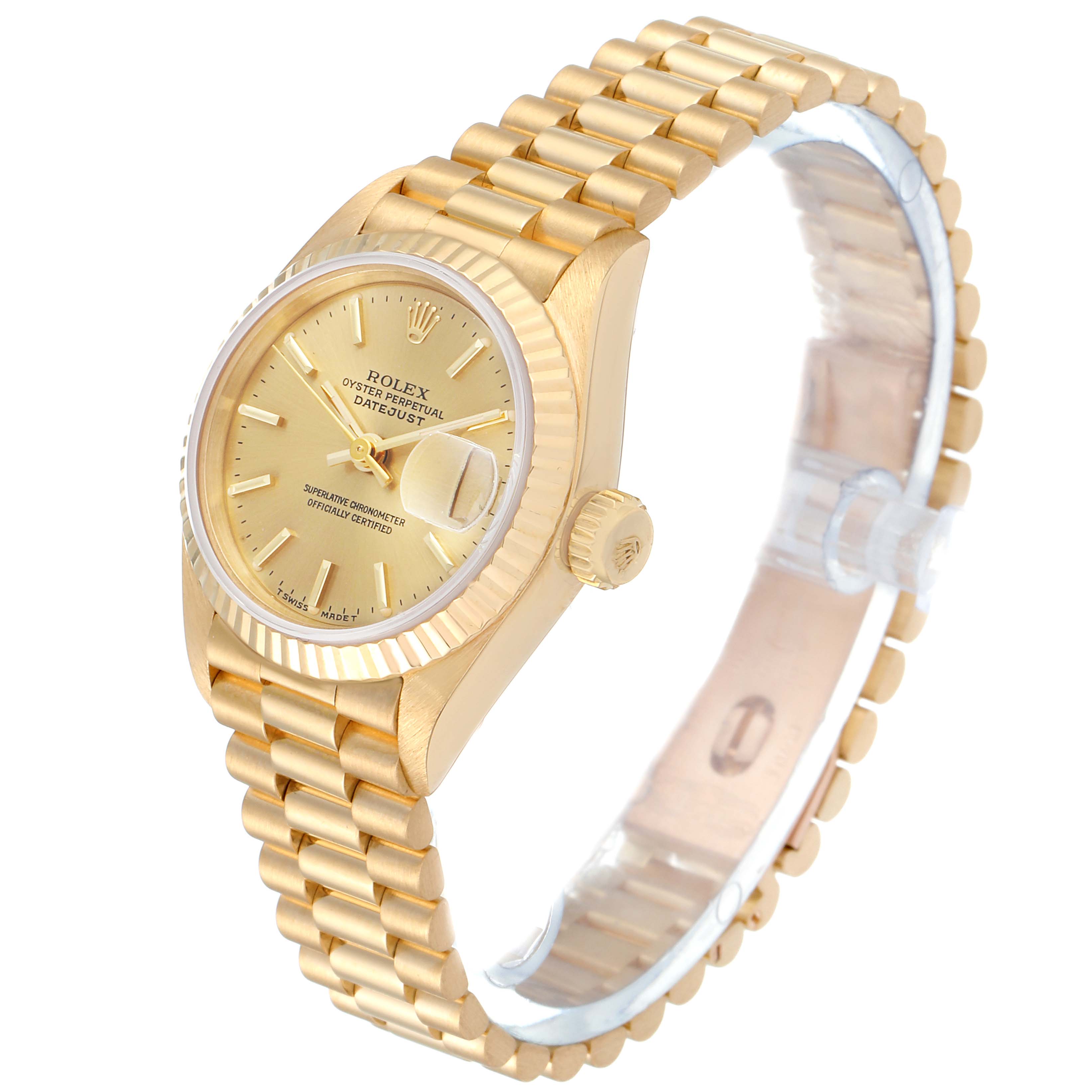 This image showcases a Rolex President 69178 Women's Yellow Gold Champagne Dial 69178 Women's Yellow Gold Champagne Dial model watch, highlighting the face, bezel, crown, and bracelet from an angled perspective.