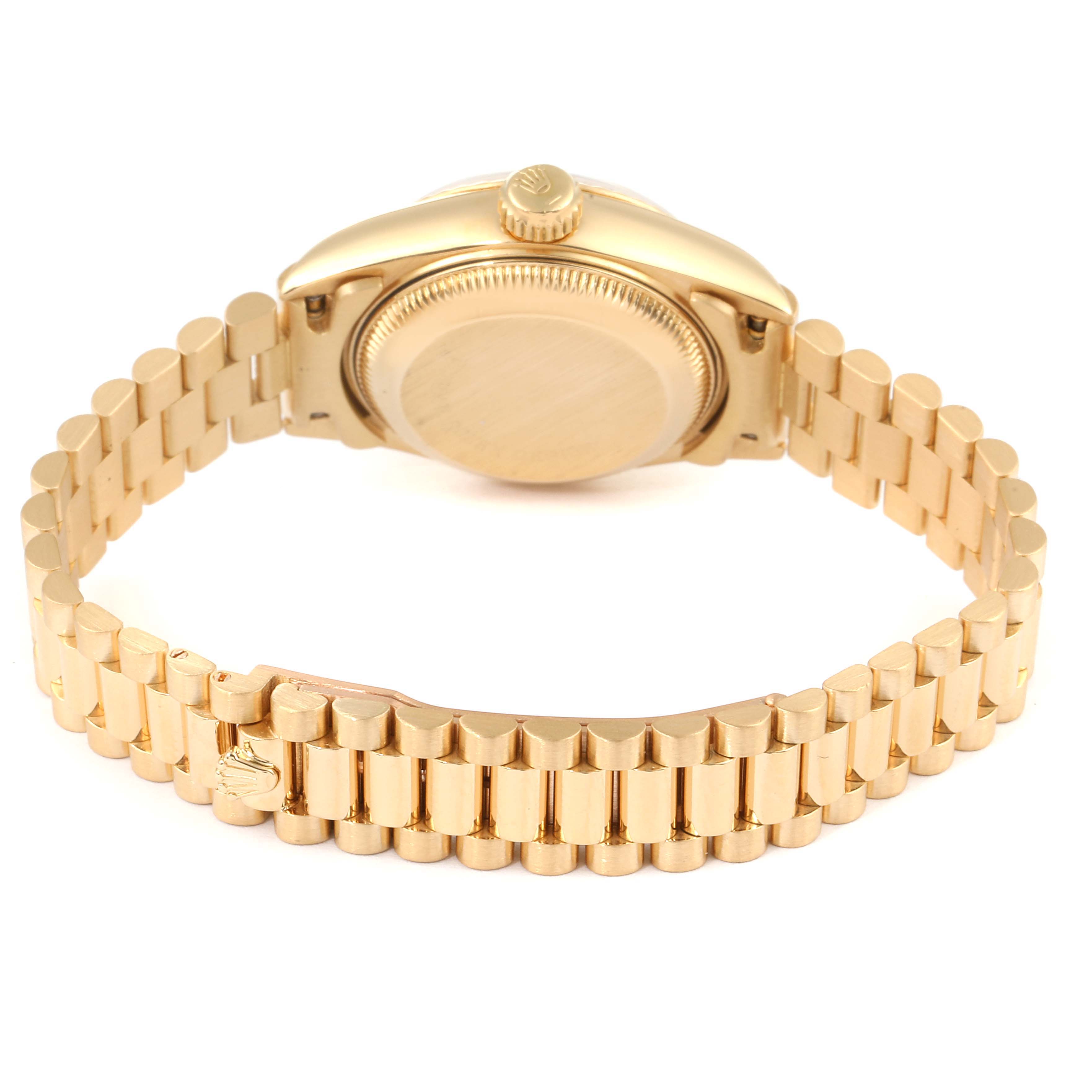 This image shows the back case and bracelet of a Rolex President 69178 Women's Yellow Gold Champagne Dial 69178 Women's Yellow Gold Champagne Dial model watch from a rear angle.