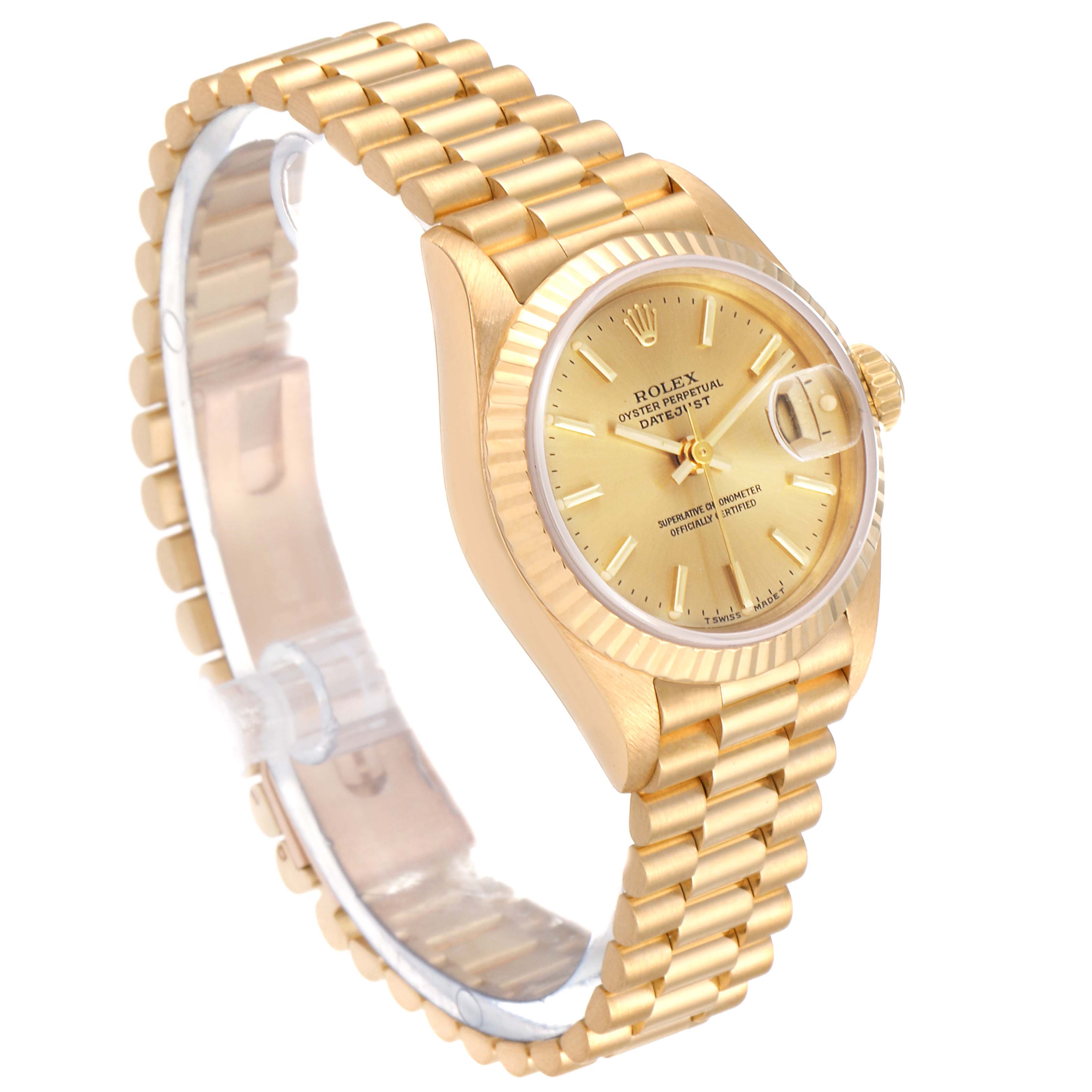 This image shows a Rolex President 69178 Women's Yellow Gold Champagne Dial 69178 Women's Yellow Gold Champagne Dial model watch at a three-quarter angle, highlighting its gold case, fluted bezel, and bracelet.
