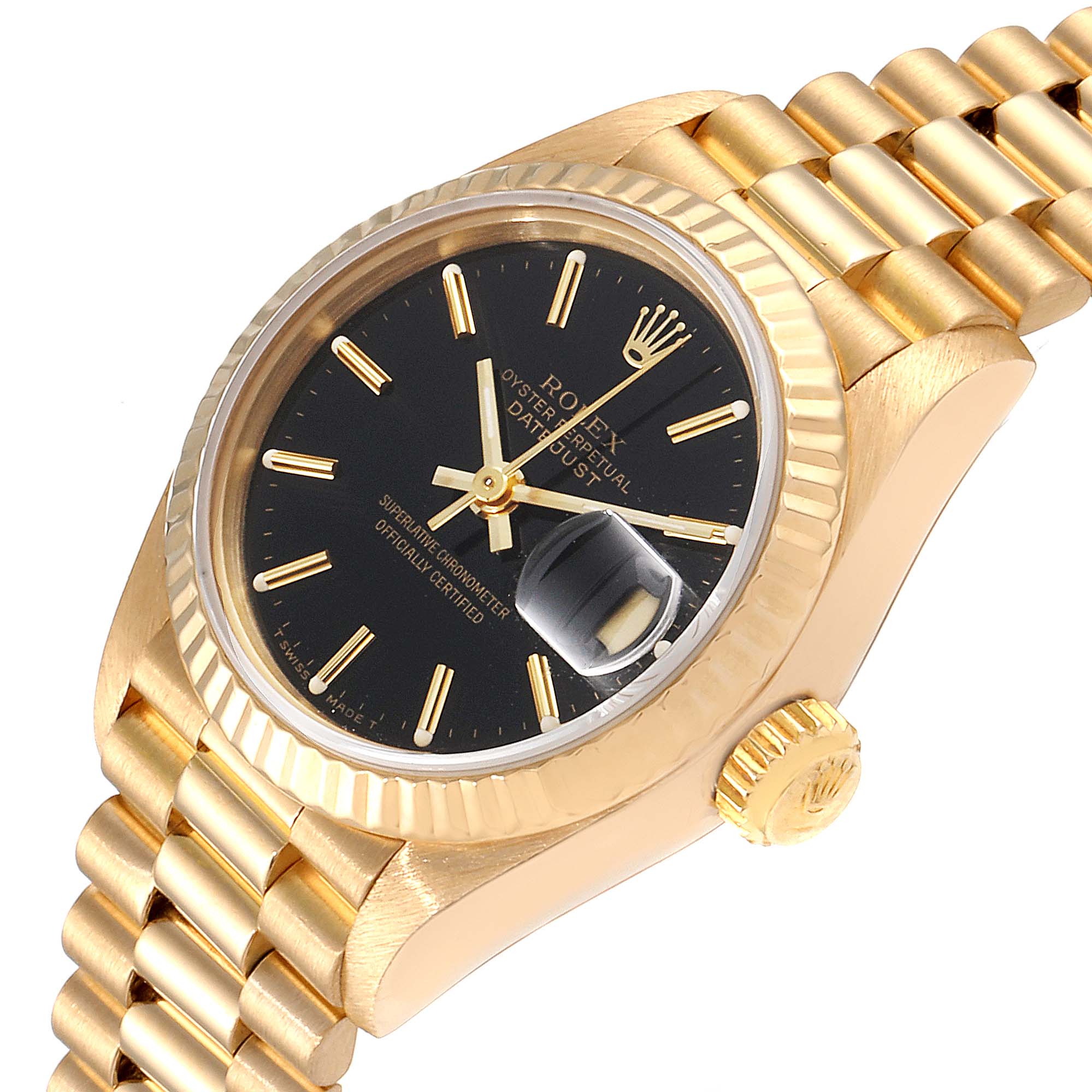 The Rolex President 69178 Women
s Yellow Gold Black Dial 69178 Women
s Yellow Gold Black Dial model watch is shown at a slight angle, highlighting the gold bracelet, black dial, and date magnifier.