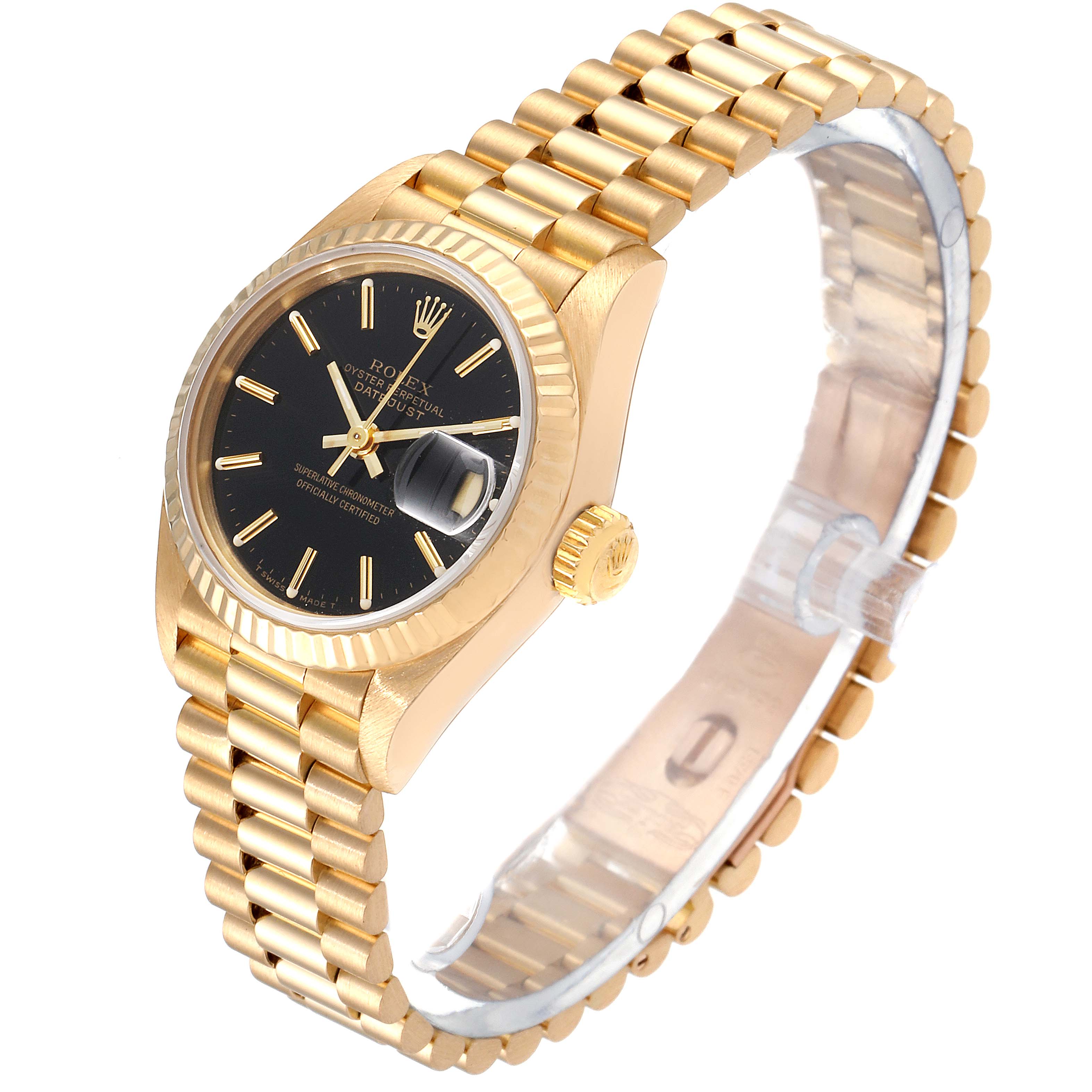 The image displays a side angle view of a Rolex President 69178 Women
s Yellow Gold Black Dial 69178 Women
s Yellow Gold Black Dial model watch, showcasing its gold band and black dial.