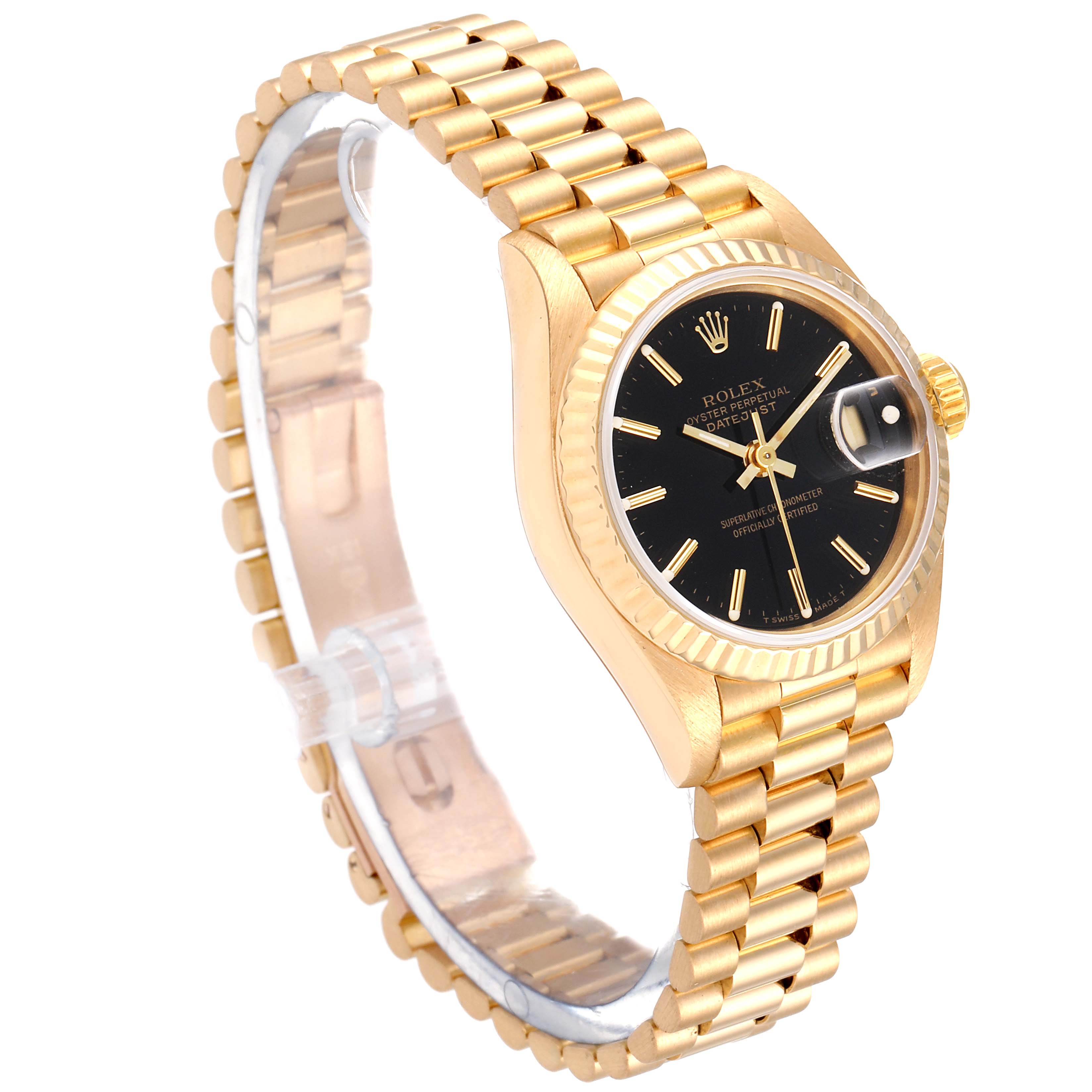 The Rolex President 69178 Women
s Yellow Gold Black Dial 69178 Women
s Yellow Gold Black Dial model watch is shown at a slight angle, clearly displaying its gold bracelet, black dial, and date window with magnifier.