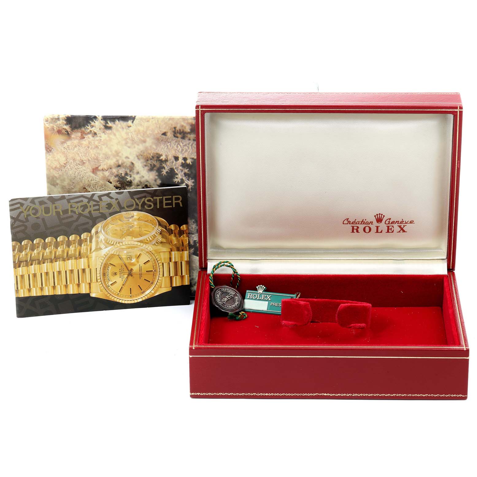 The image shows a Rolex President 69178 Women
s Yellow Gold Black Dial 69178 Women
s Yellow Gold Black Dial model watch box, paperwork, and tags from a side angle.