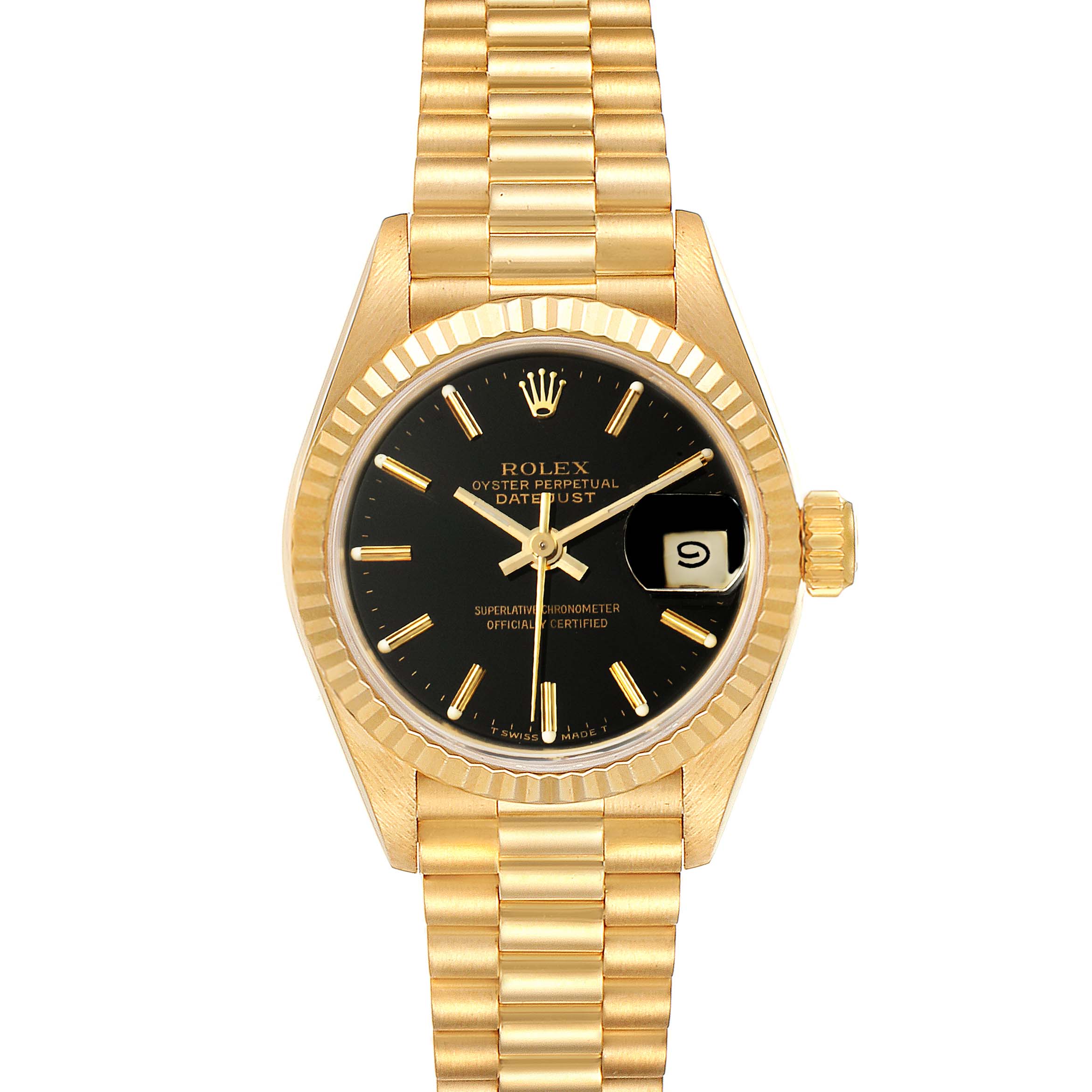 This image shows a front view of the Rolex President 69178 Women
s Yellow Gold Black Dial 69178 Women
s Yellow Gold Black Dial model watch, displaying its bracelet, black dial, and date window.