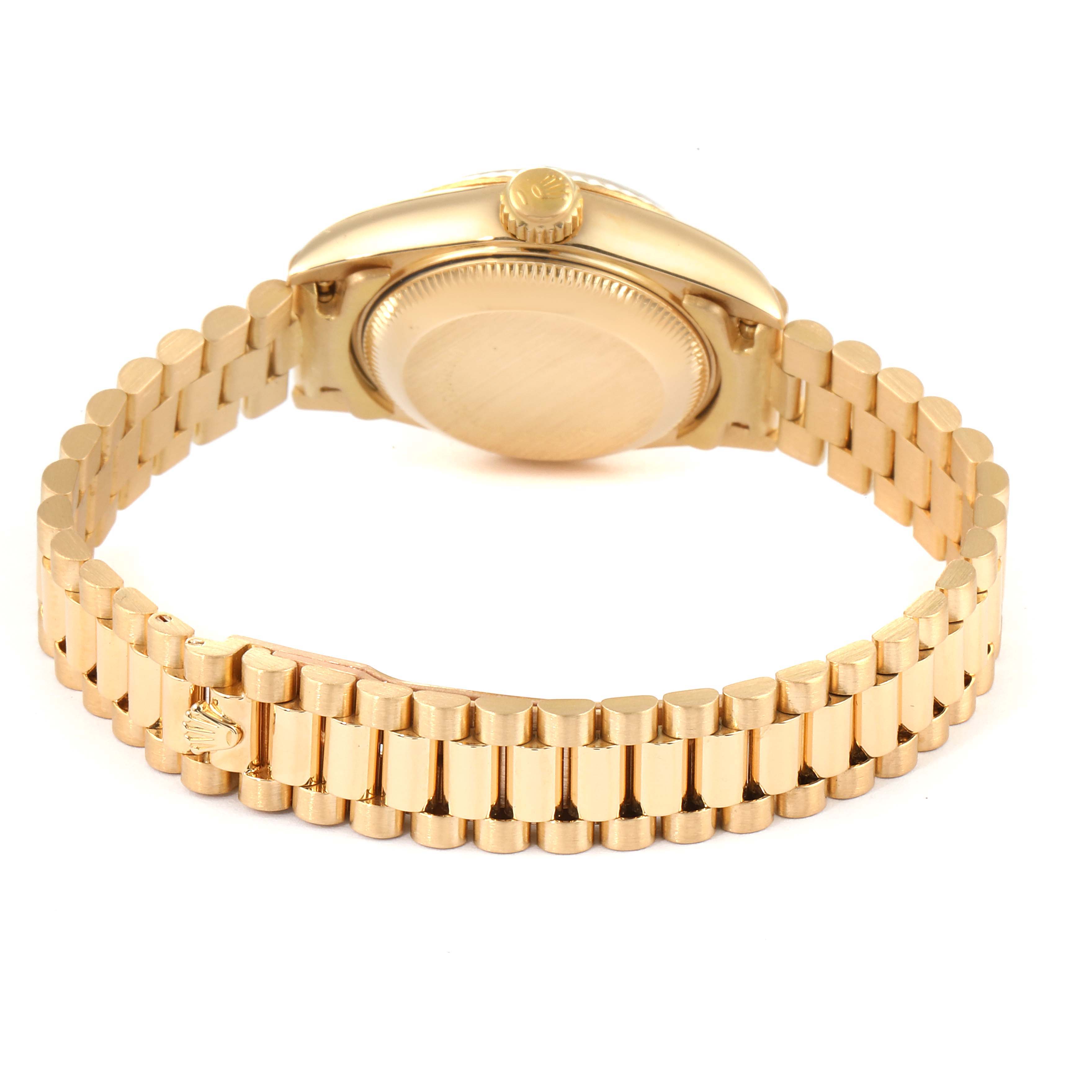 This image shows the back of a Rolex President 69178 Women
s Yellow Gold Black Dial 69178 Women
s Yellow Gold Black Dial model watch, highlighting the case back and gold bracelet.