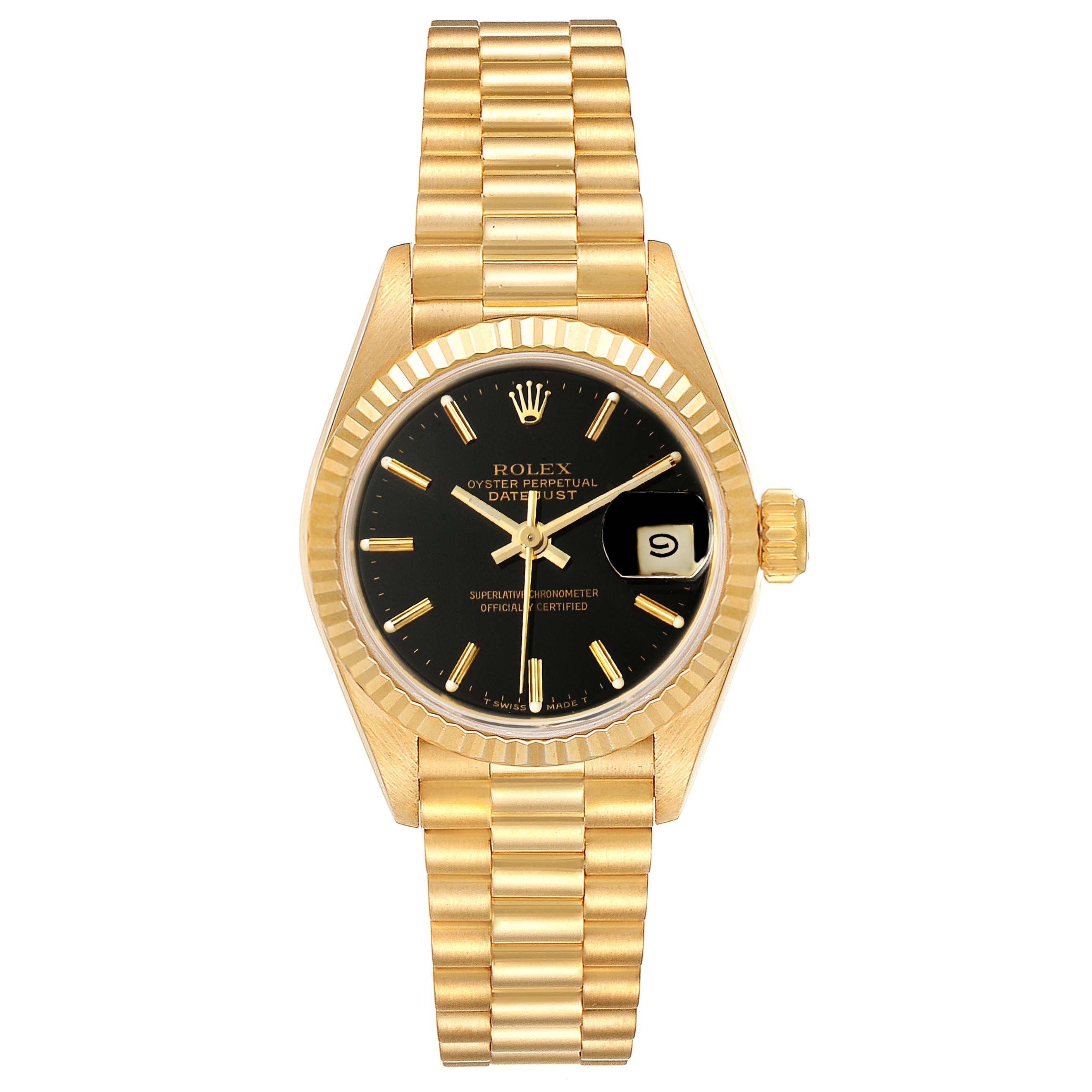 The image shows a front view of the Rolex President 69178 Women
s Yellow Gold Black Dial 69178 Women
s Yellow Gold Black Dial model watch, displaying its dial, bracelet, and date feature.