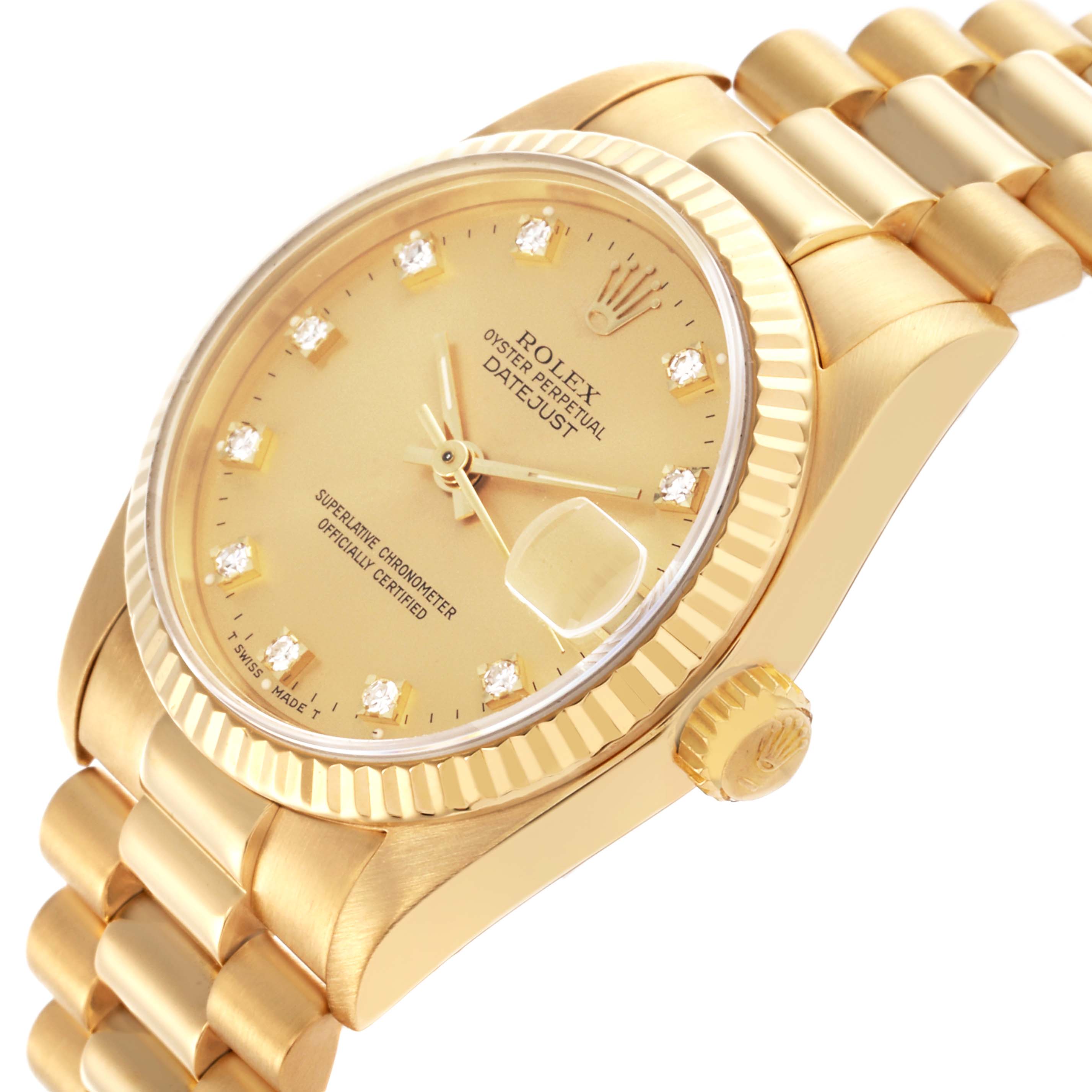 The Rolex Mid-Size watch is shown at a slight angle, showcasing the face, bezel, crown, and part of the bracelet.