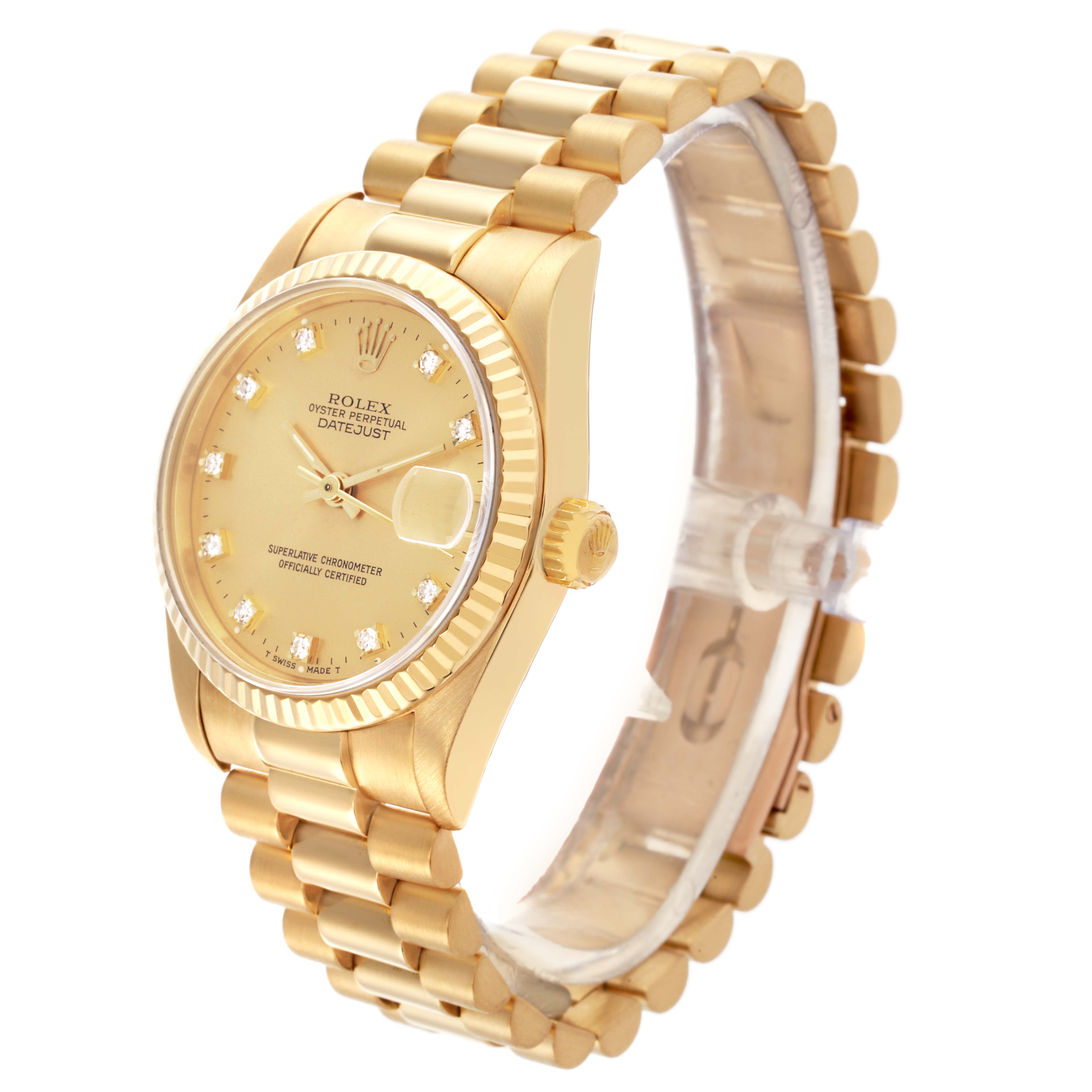 The Rolex Mid-Size watch is shown at a three-quarter angle, highlighting the face, bezel, crown, and bracelet.