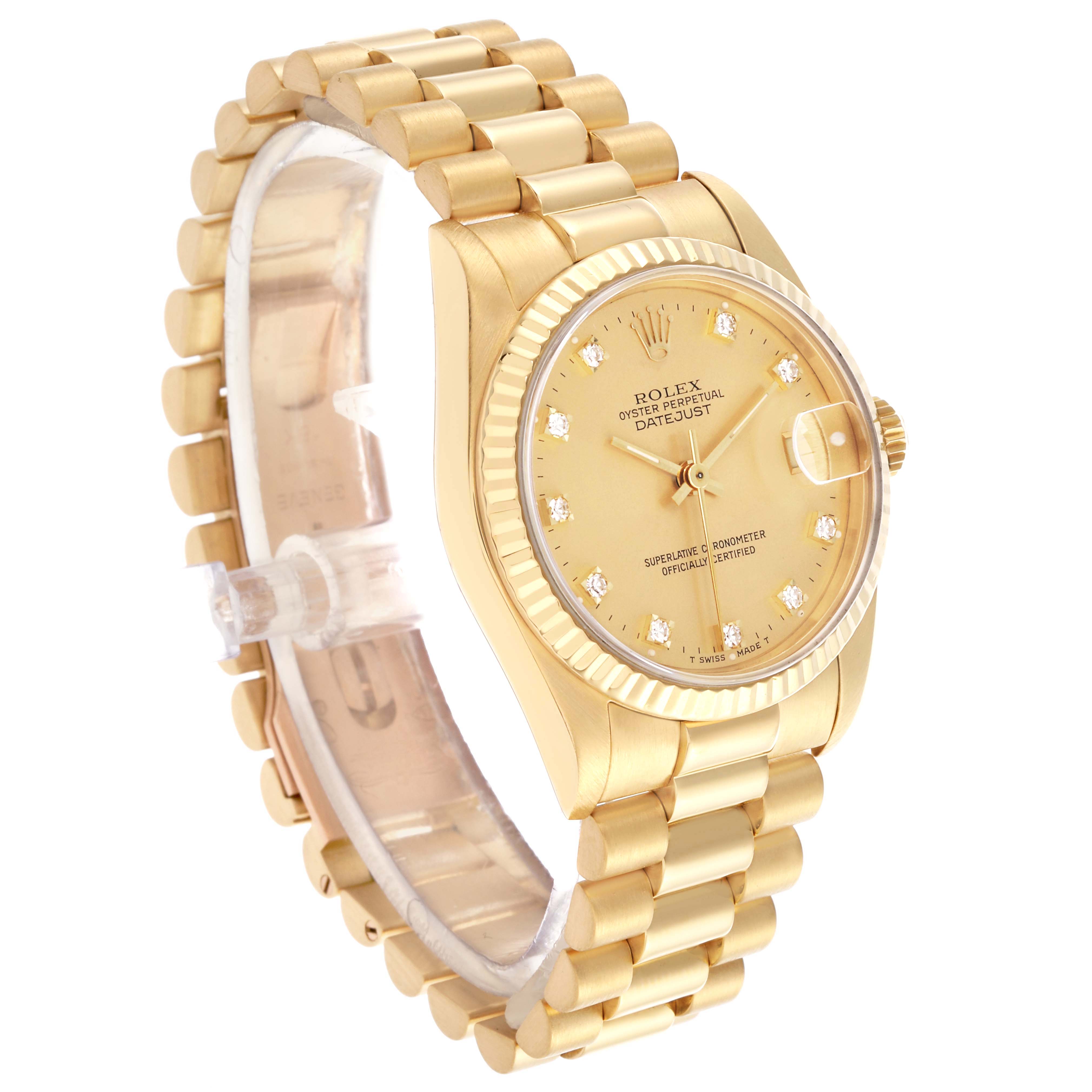 The Rolex Mid-Size watch is shown at a three-quarter angle, highlighting the bracelet, case, and dial.