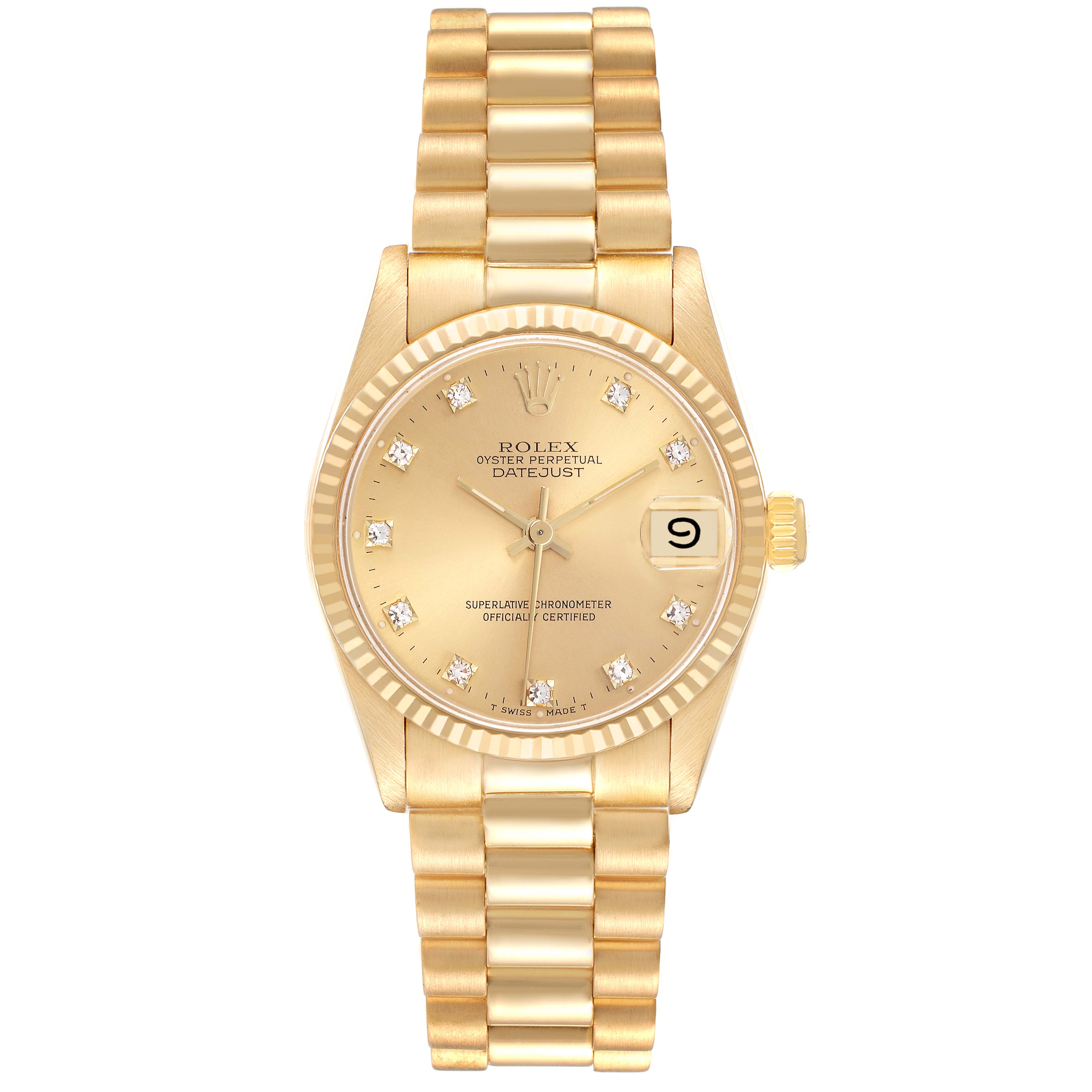 The Rolex Mid-Size model is shown from a front angle, displaying its gold dial, hour markers, hands, and bracelet.